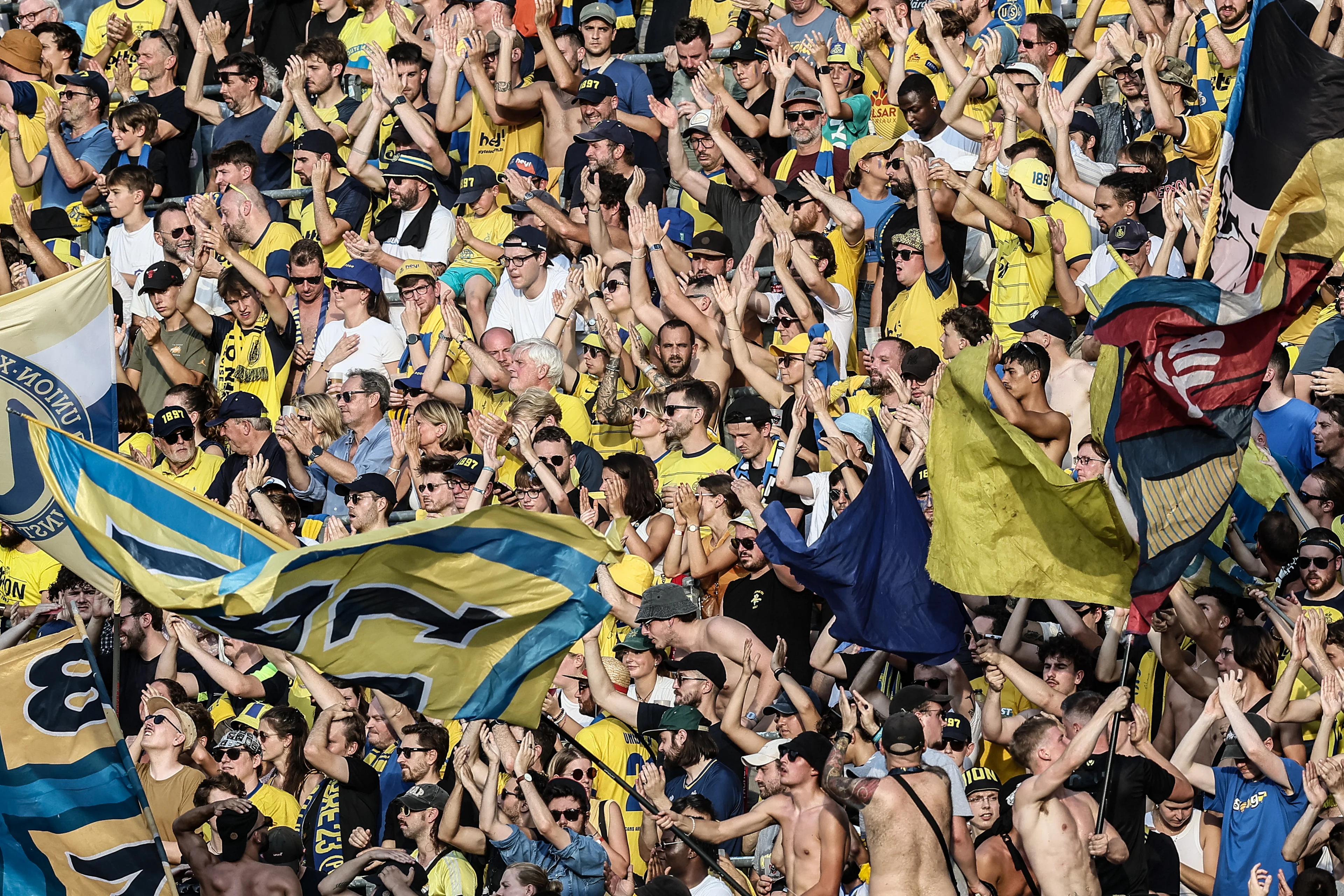 Union's supporters pictured during a soccer match between RUSG Royale Union Saint-Gilloise and Royal Sporting Club Anderlecht, in Brussels, on the sixth day of the 2024-2025 season of the 'Jupiler Pro League' first division of the Belgian championship, Sunday 01 September 2024. BELGA PHOTO BRUNO FAHY