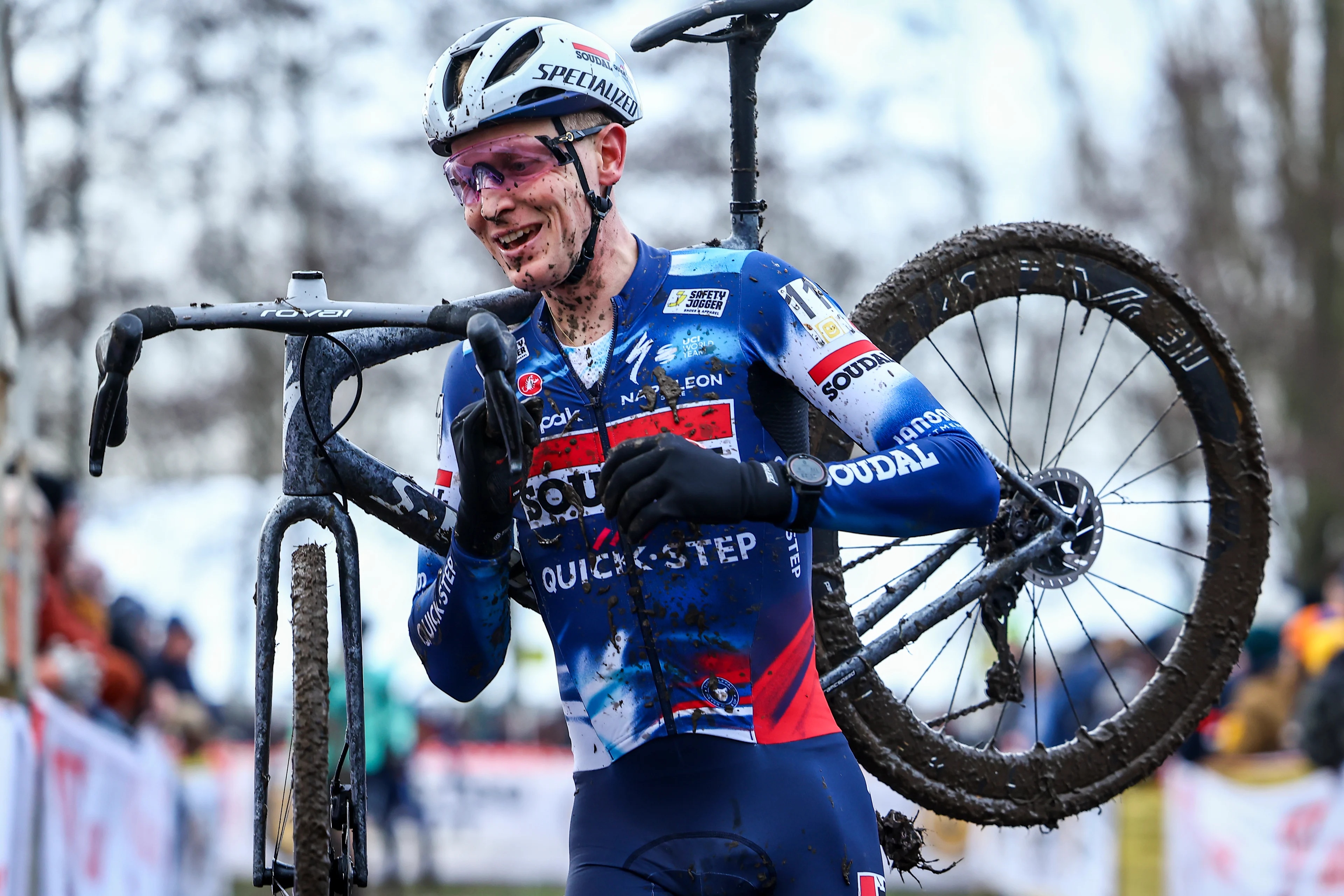 Belgian Tim Merlier pictured in action during the men elite race at the cyclocross cycling event in Gullegem on Saturday 04 January 2025, stage 7/8 in the Superprestige cyclocross cycling competition BELGA PHOTO DAVID PINTENS