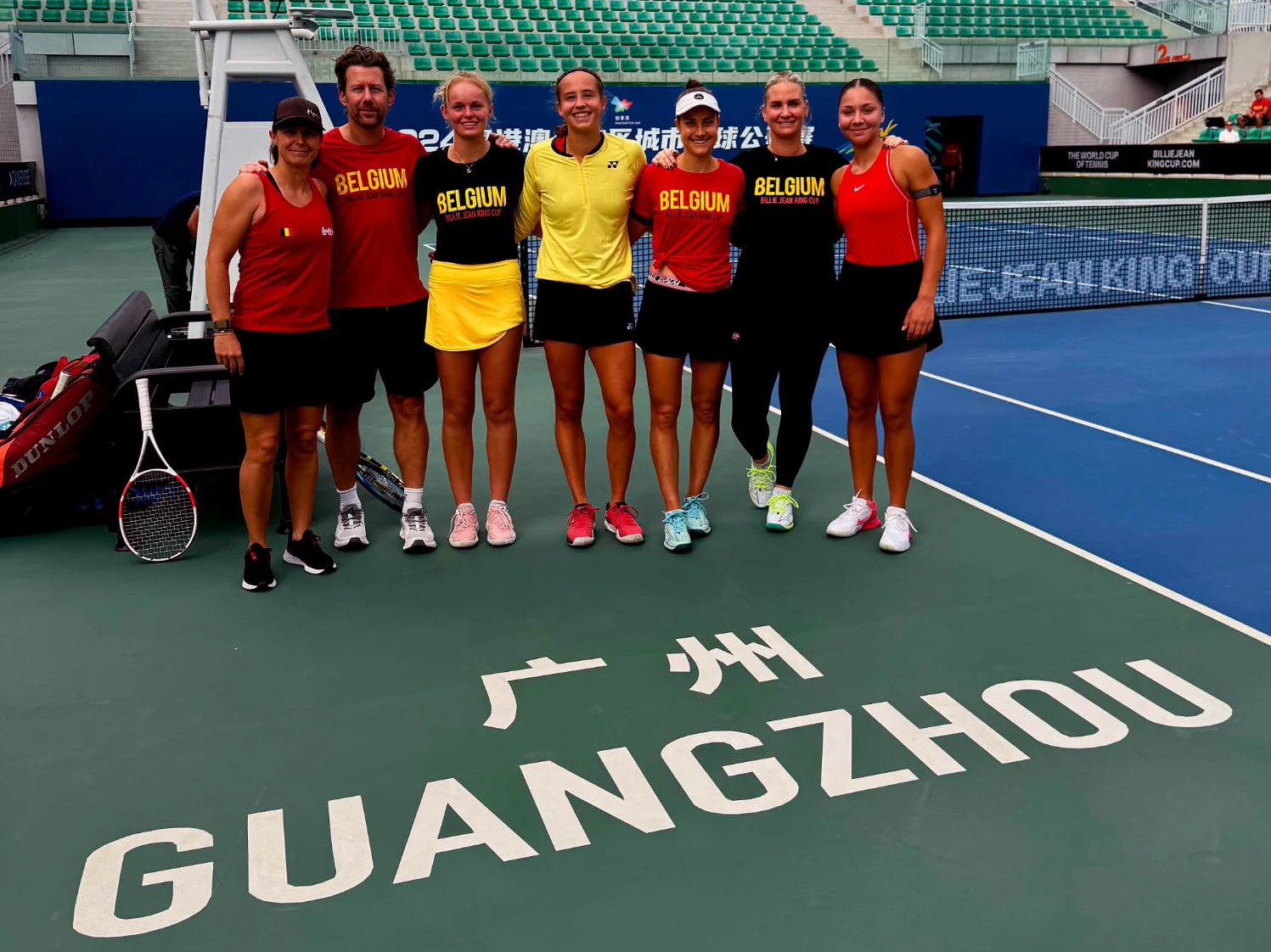 ATTENTION EDITORS - HANDOUT PICTURES, EDITORIAL USE ONLY  Handout pictures released on Wednesday 13 November 2024, by Belgian Tennis Federation  - shows assistant coach Kirsten Flipkens, team captain Wim Fissette, Jeline Vandromme, Hanne Vandewinkel, Marie Benoit, Ysaline Bonaventure and Sofia Costoulas at a training session in preparation of the meeting between China and Belgium, in the play-offs of the Billie Jean King Cup tennis, in Guangzhou, China, on Wednesday 13 November 2024.    *** Belga and Belga Editorial Board decline all responsibility regarding the content of this picture. *** PHOTO BELGIAN TENNIS FEDERATION