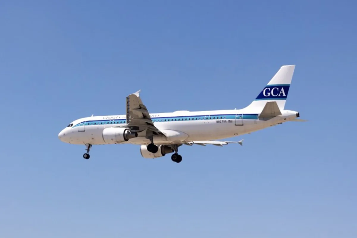 The plane carrying the Iran's National football team flies over Los Angeles International Airport before landing on June 14, 2026, on the eve of the 2026 World Cup football match between Iran and New Zealand. ETIENNE LAURENT / AFP