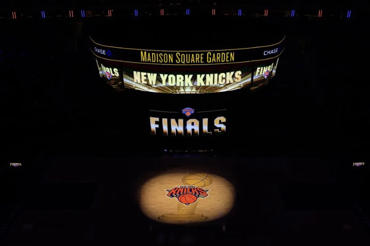 The court is seen ahead of Game 1 of the NBA Finals between the New York Knicks and the San Antonio Spurs as fans arrive to watch the match on a screen at Madison Square Garden in New York City on June 3, 2026.  TIMOTHY A. CLARY / AFP