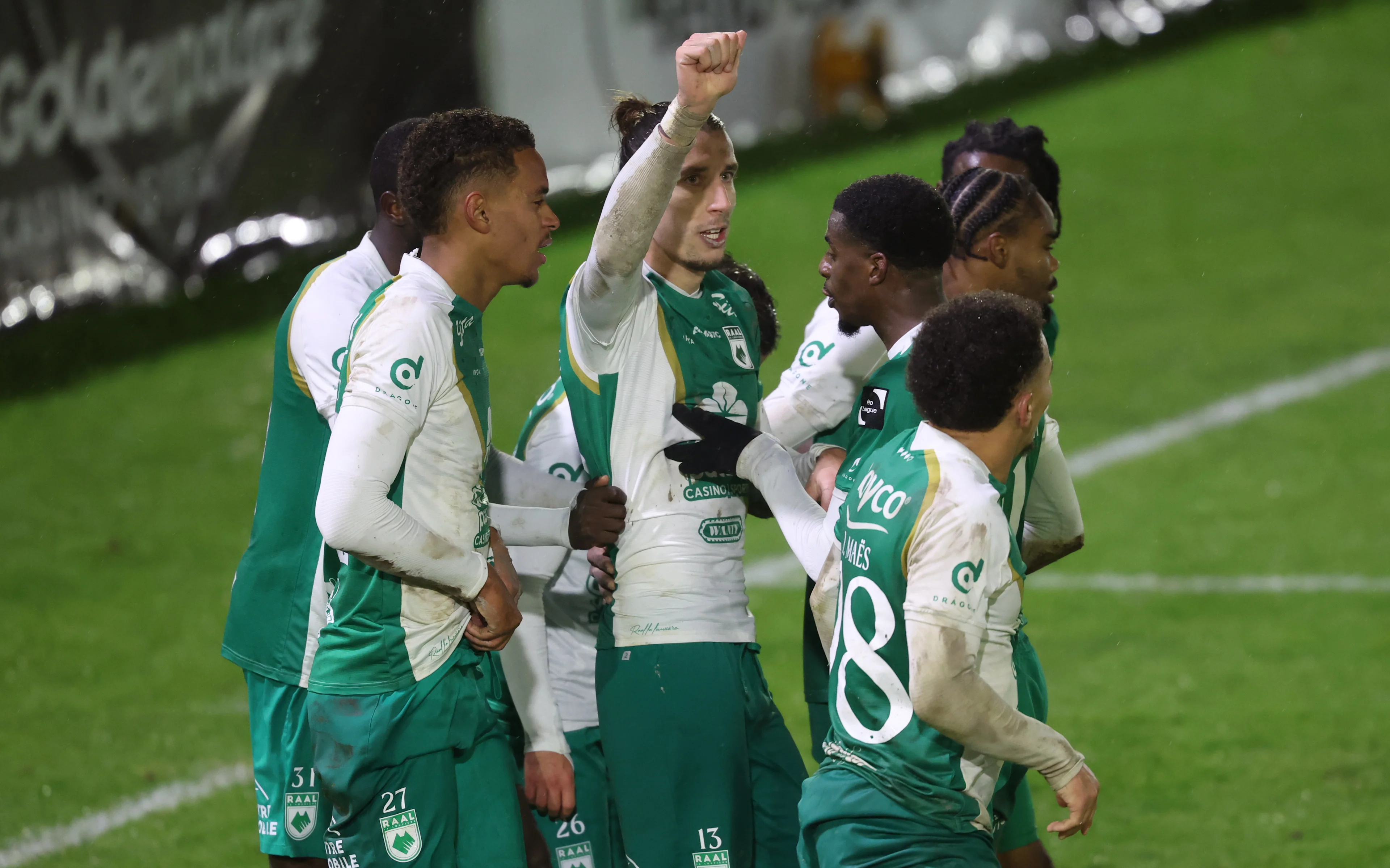 RAAL's Maxence Maisonneuve celebrates after scoring during a soccer match between RAAL La Louviere and Jong Genk, Saturday 07 December 2024 in La Louviere, on day 14 of the 2024-2025 'Challenger Pro League' 1B second division of the Belgian championship. BELGA PHOTO VIRGINIE LEFOUR