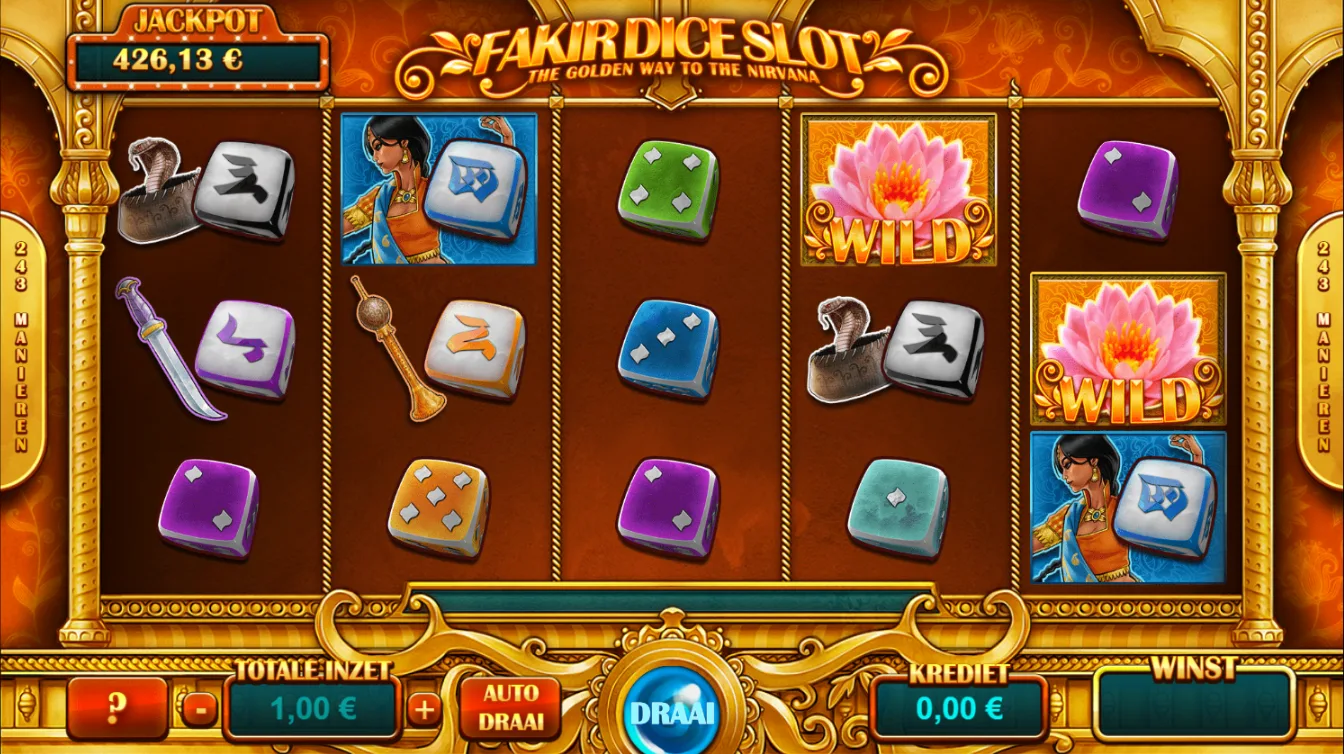 Gameplay van Fakir Dice Slot met dobbelstenen, mystieke symbolen, multipliers en bonusfuncties op Casino King.