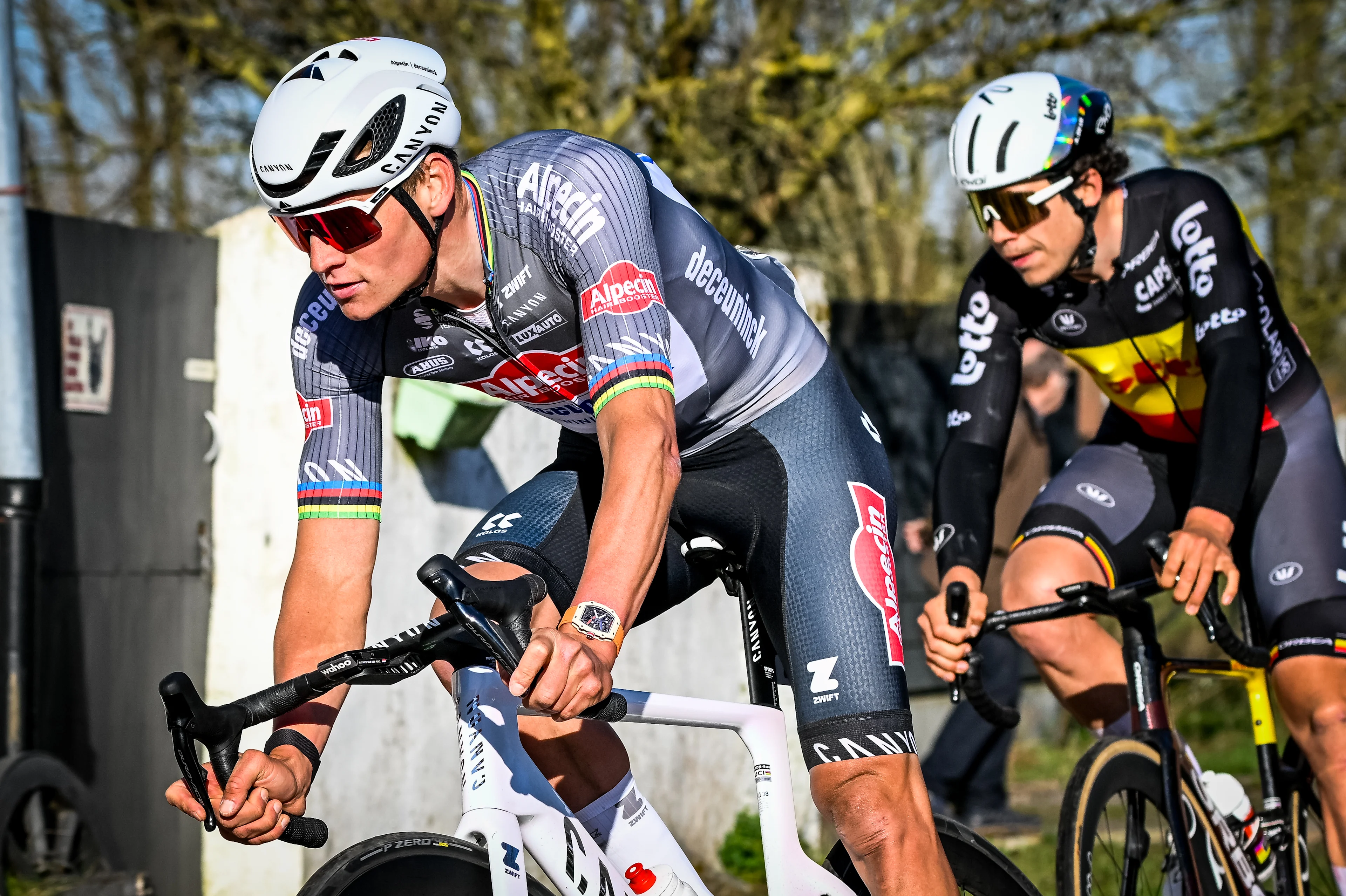 Dutch Mathieu van der Poel of Alpecin-Deceuninck and Belgian Arnaud De Lie of Lotto Cycling Team pictured in action during the 'Ename Samyn Classic' one day cycling race, 199,1km from Quaregnon to Dour on Tuesday 04 March 2025. BELGA PHOTO TOM GOYVAERTS