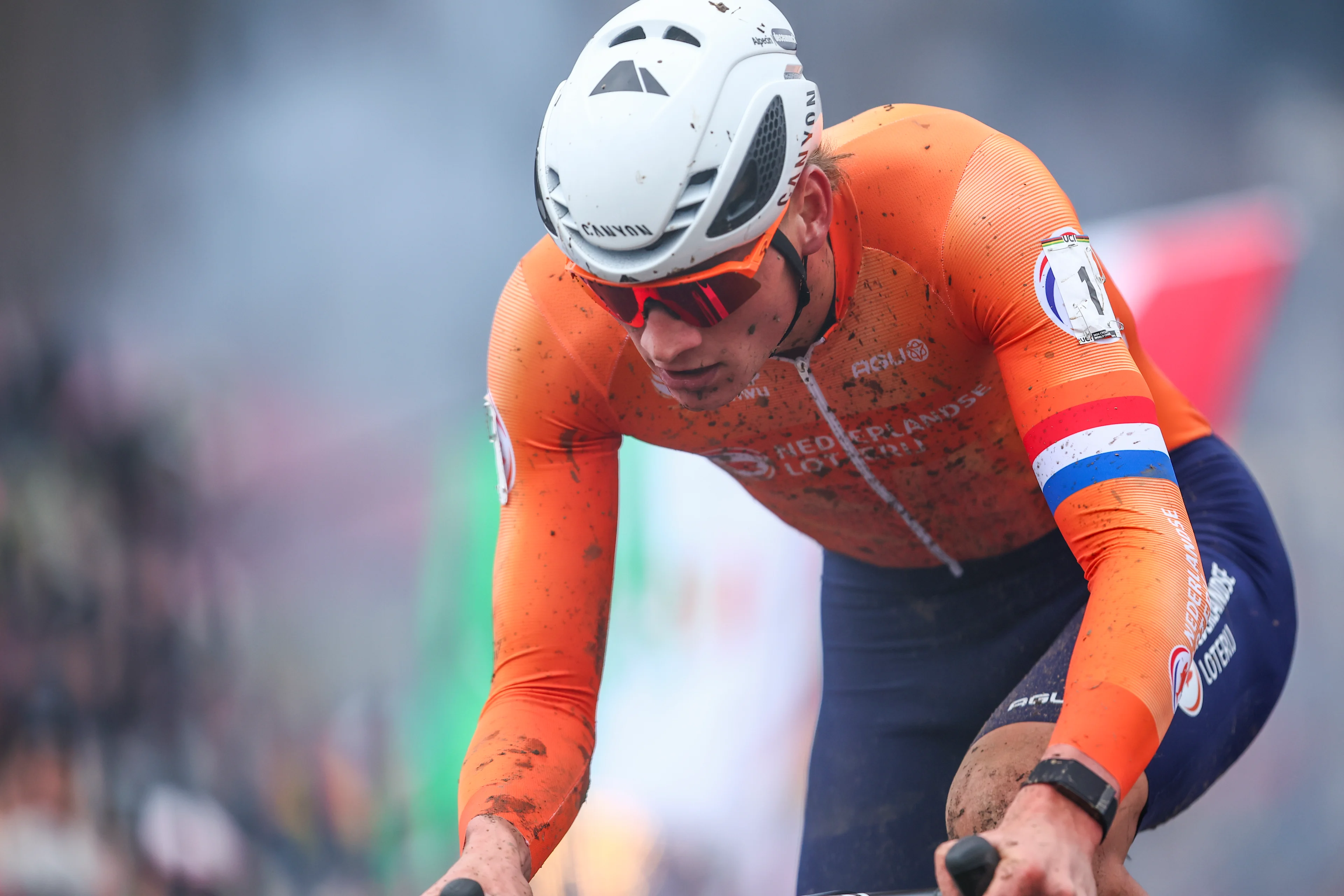 Dutch Mathieu Van Der Poel pictured in action during the Elite men's race at the Cyclocross World Championships event on Sunday 04 February 2024 in Tabor, Czech Republic. BELGA PHOTO DAVID PINTENS