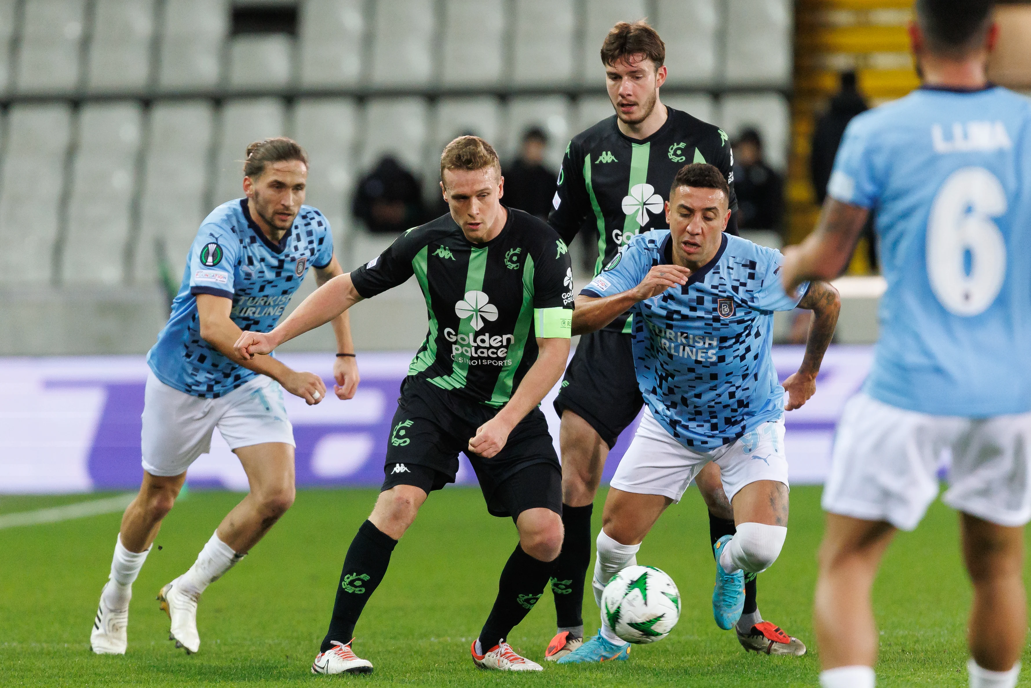 Basaksehir's Miguel Crespo, Cercle's Thibo Somers and Basaksehir's Davidson fight for the ball during a soccer game between Belgian Cercle Brugge KSV and Turkish Istanbul Basaksehir FK, Thursday 19 December 2024 in Brugge, on day 6/6 of the group stage of the UEFA Conference League tournament. BELGA PHOTO KURT DESPLENTER