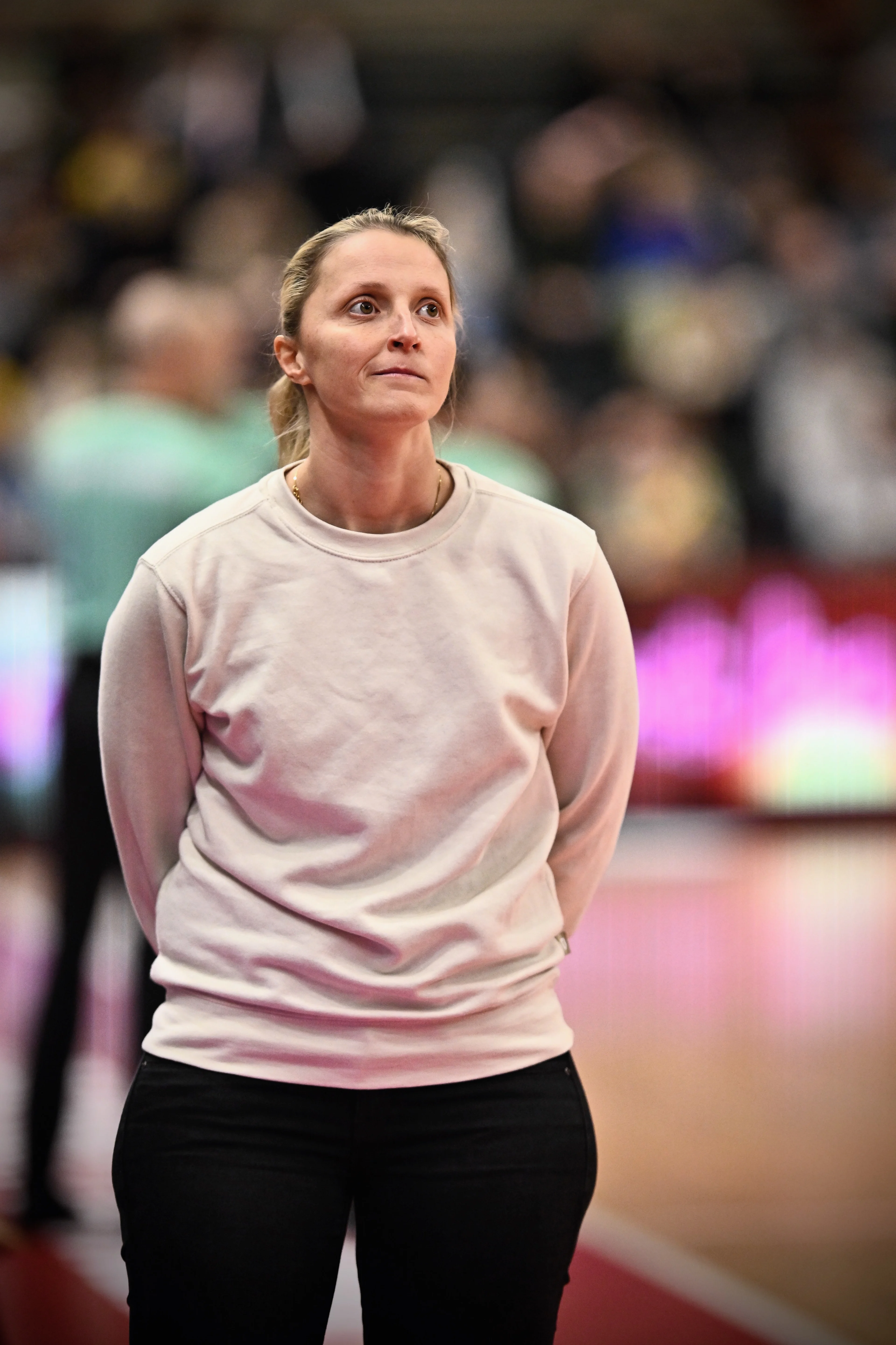 Leuven's assistent coach Jill Lorent pictured during the basketball match between Limburg United and Leuven Bears, the first leg of the 1/2 final of the Belgian Basketball Cup, Friday 19 January 2024, in Hasselt. BELGA PHOTO JOHAN EYCKENS