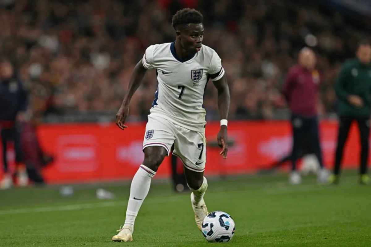 England's midfielder #07 Bukayo Saka looks to play a pass during their UEFA Nations League, League B - Group 2, football match between England and Greece at Wembley Stadium in London on October 10, 2024.   Glyn KIRK / AFP