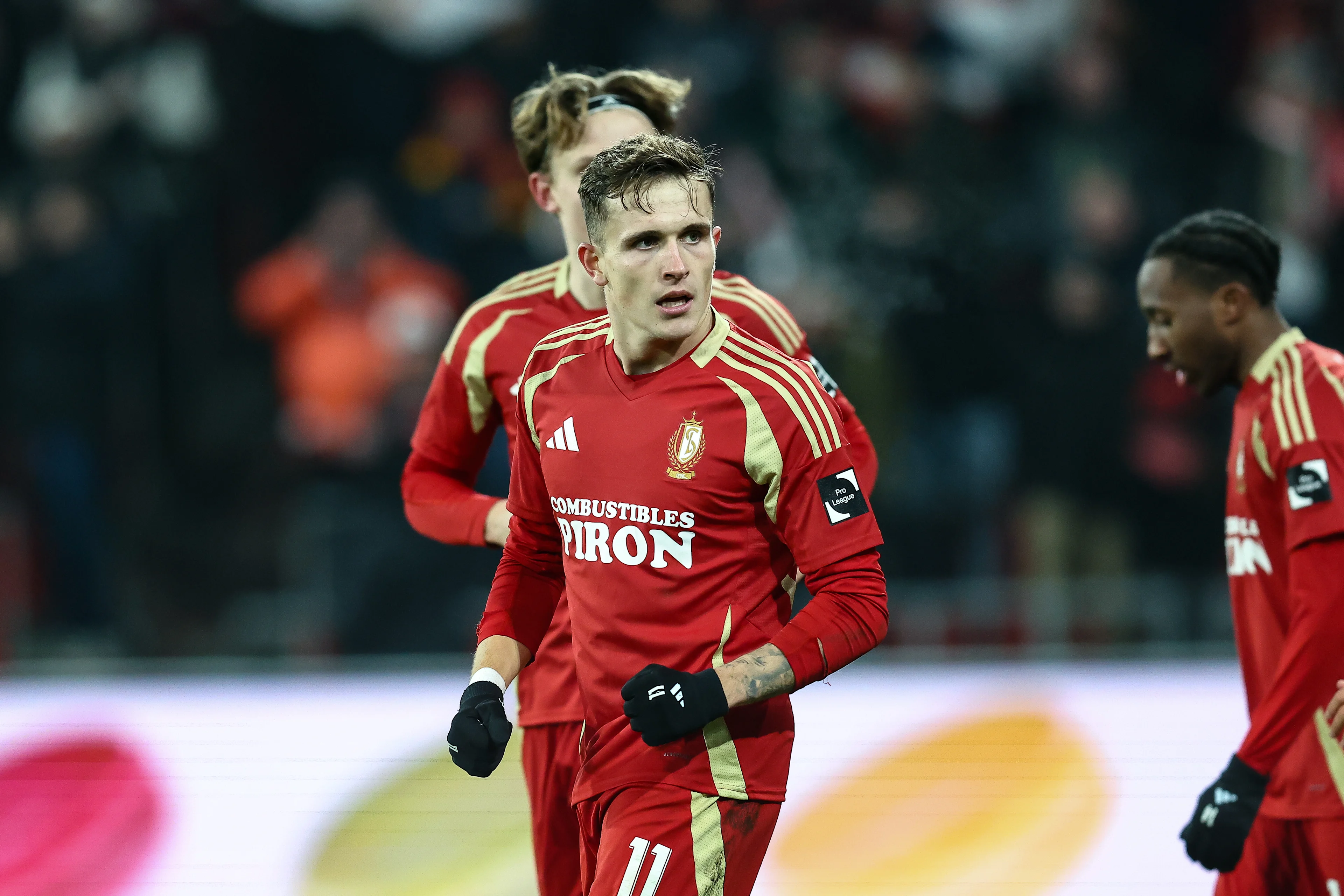 Standard's Dennis Eckert Ayensa celebrates after scoring during a soccer game between Standard de Liege and KV Kortrijk, Friday 10 January 2025 in Liege, on day 21 of the 2024-2025 season of the "Jupiler Pro League" first division of the Belgian champiosnhip. BELGA PHOTO BRUNO FAHY