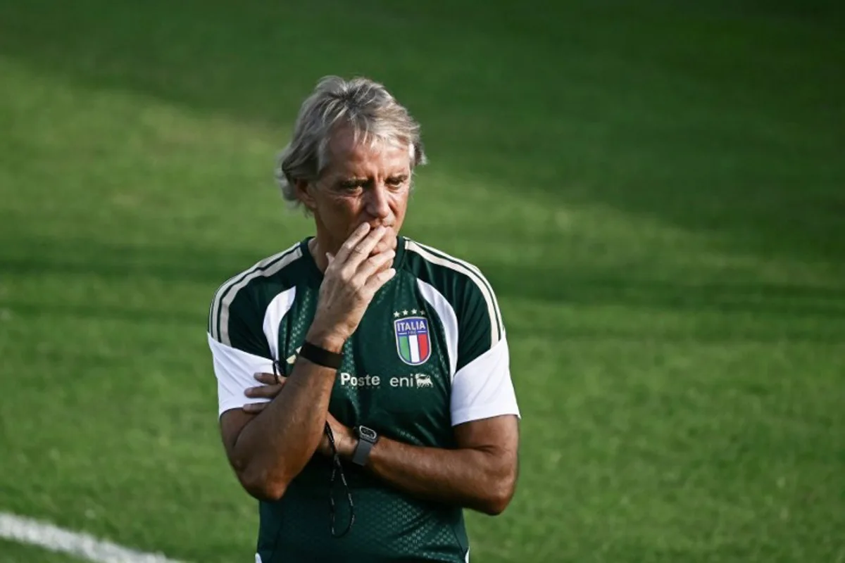 Italy's head coach Roberto Mancini looks on during a training session in Coverciano, near Florence, on September 21, 2026, ahead of Italy's UEFA Nations League football match against Belgium.  Filippo MONTEFORTE / AFP