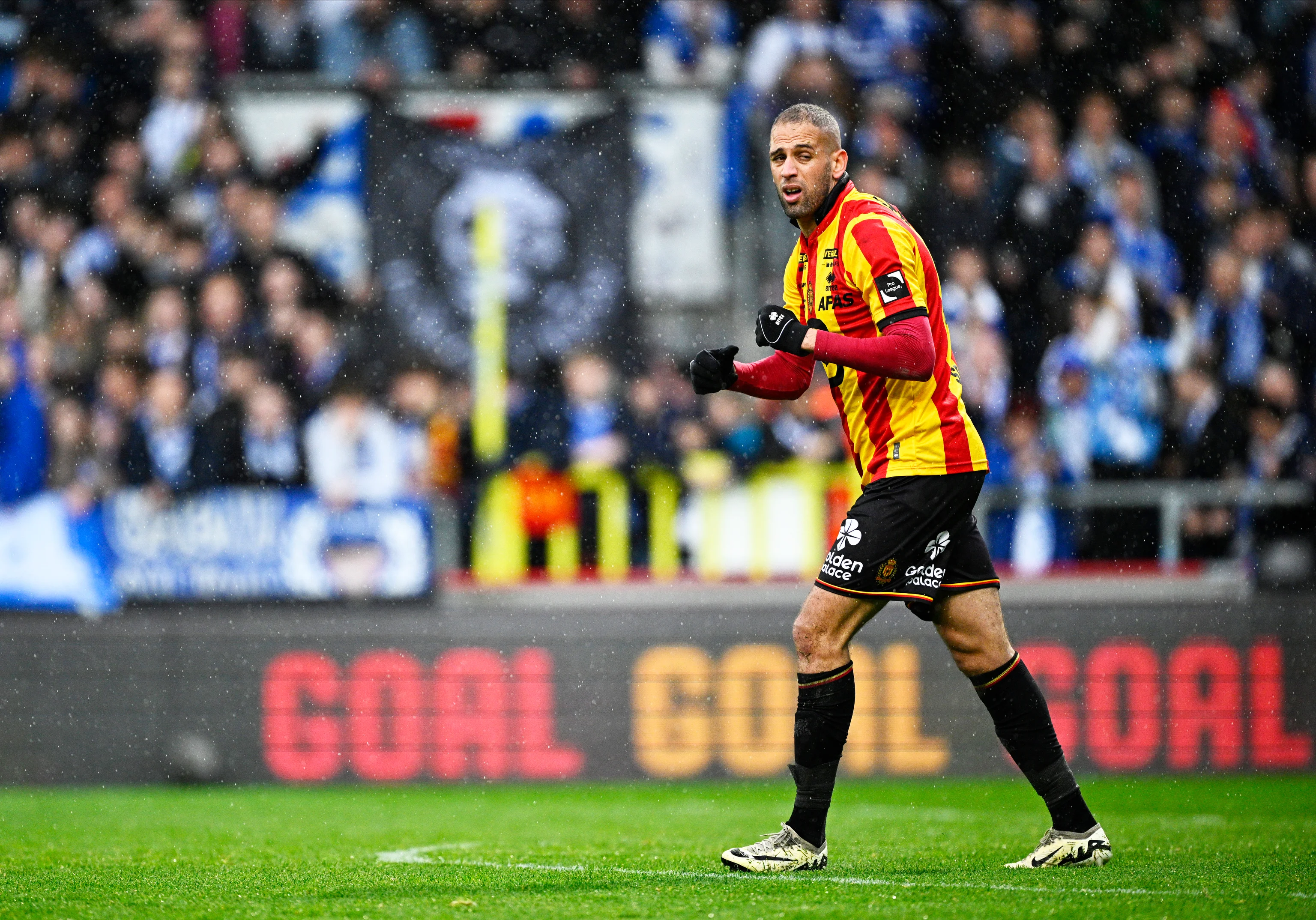 Mechelen's Islam Slimani celebrates after scoring during a soccer match between KV Mechelen and KAA Gent Saturday 04 May 2024 in Mechelen, on day 7 of the 2023-2024 season of the 'Jupiler Pro League' first division of the Belgian championship. BELGA PHOTO JASPER JACOBS