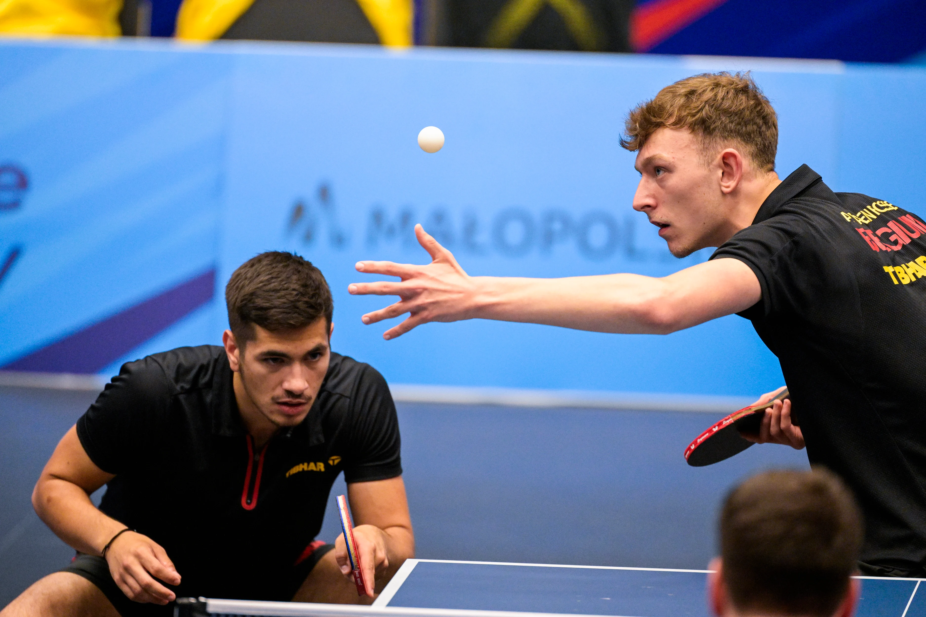 Table Tennis player Martin Allegro and Table Tennis player Adrien Rassenfosse pictured in action during a match in the Men's Team Quarterfinal between Belgium and Germany, in the Table Tennis competition at the European Games in Krakow, Poland on Thursday 29 June 2023. The 3rd European Games, informally known as Krakow-Malopolska 2023, is a scheduled international sporting event that will be held from 21 June to 02 July 2023 in Krakow and Malopolska, Poland. BELGA PHOTO LAURIE DIEFFEMBACQ