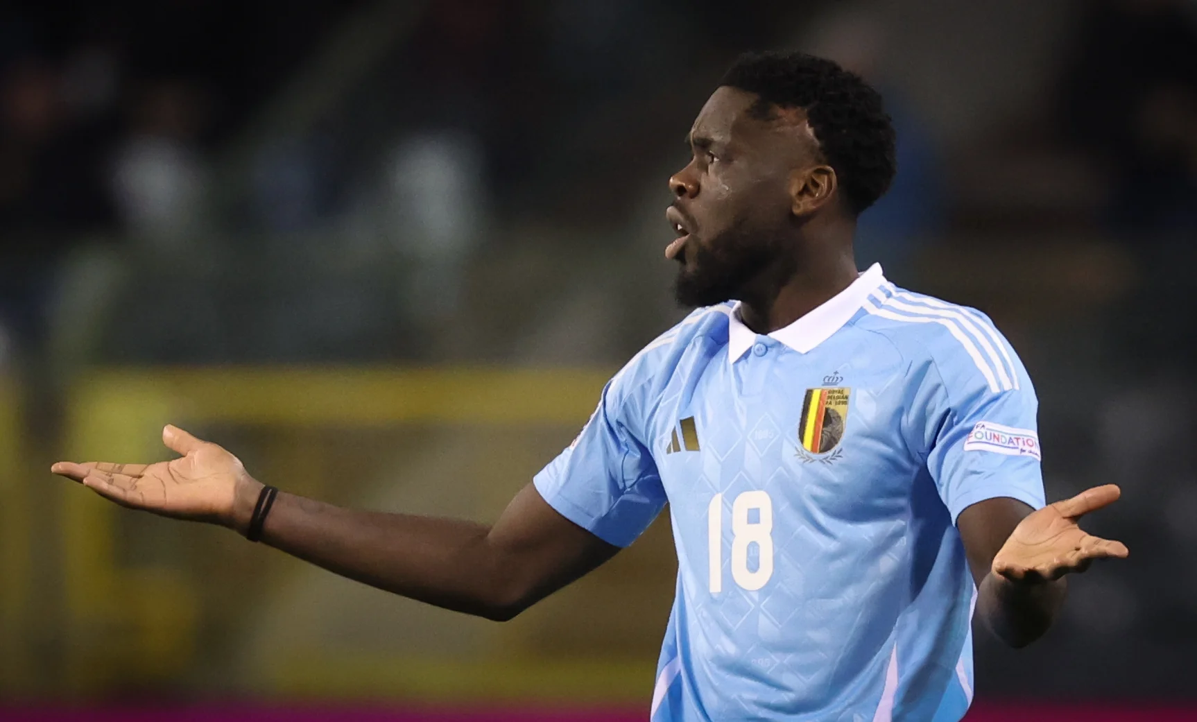 Belgium's Orel Mangala gestures during a soccer game between Belgian national soccer team Red Devils and France, match 4 (out of 6) in the League A Group 2 of the UEFA Nations League 2025 competition, Monday 14 October 2024 in Brussels. BELGA PHOTO VIRGINIE LEFOUR