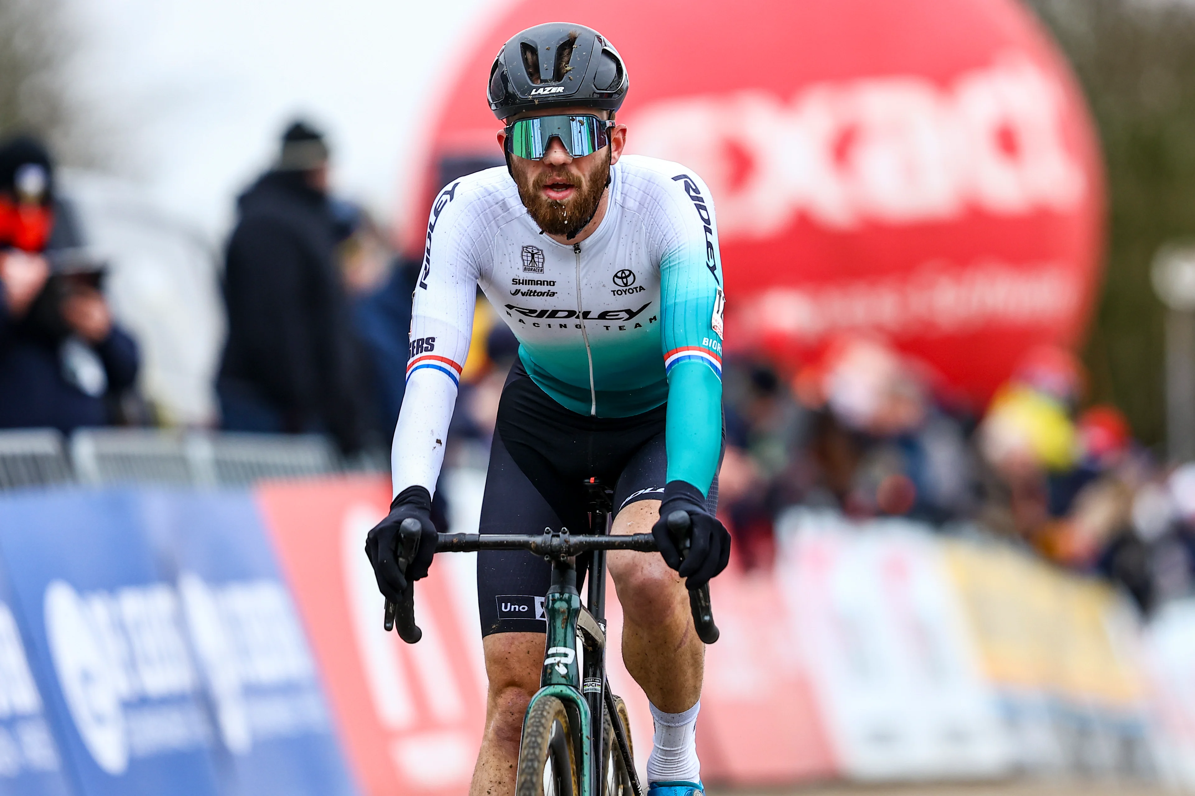 Dutch Joris Nieuwenhuis crosses the finish line at the men's elite race of the cyclocross cycling event, race 7/7 in the 'Exact Cross' competition, Saturday 15 February 2025 in Sint-Niklaas. BELGA PHOTO DAVID PINTENS