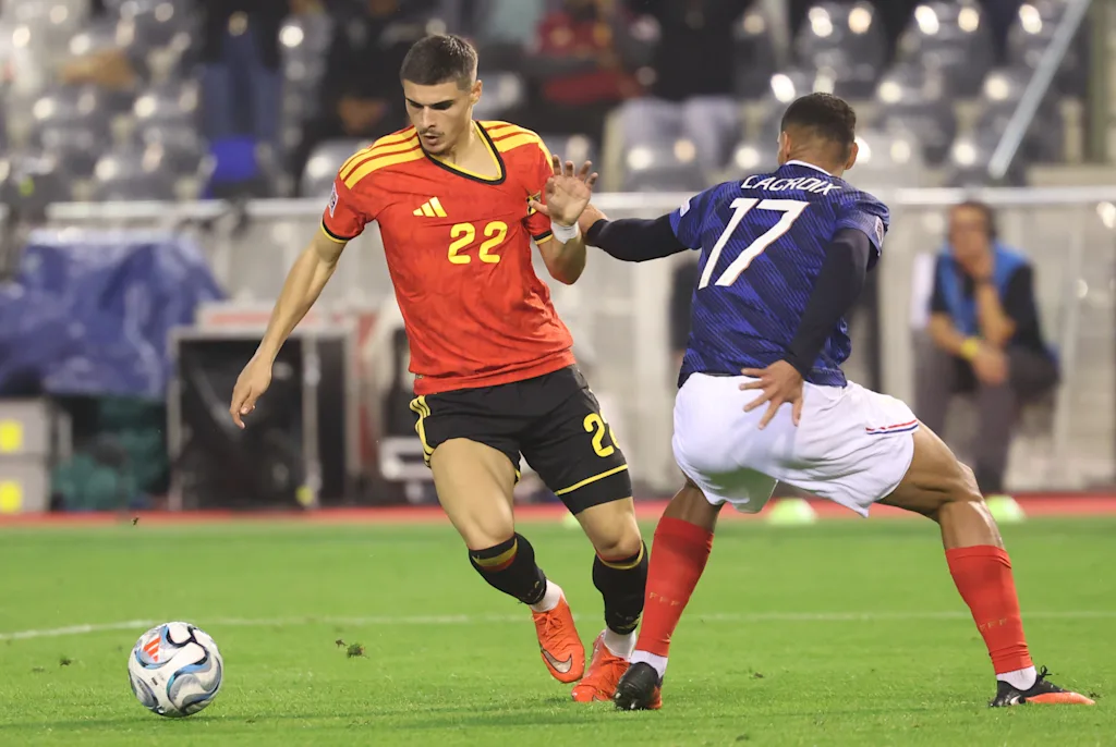 Belgium's Matias Fernandez-Pardo and France's Maxence Lacroix fight for the ball during a soccer game between Belgian national team Red Devils and France, on Monday 28 September 2026 in Brussels, the second game of the UEFA Nations League group stage. BELGA PHOTO VIRGINIE LEFOUR