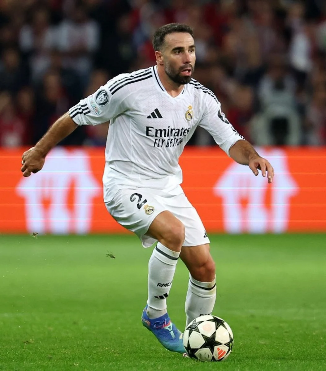 Real Madrid's Spanish defender #02 Dani Carvajal controls the ball duing the UEFA Champions League football match between Lille LOSC and Real Madrid at the Pierre Mauroy Stadium in Villeneuve-d'Ascq, northern France, on October 2, 2024.  FRANCK FIFE / AFP