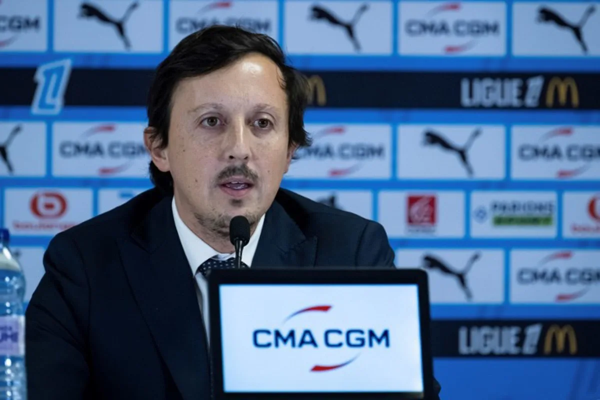 Marseille's Spanish President Pablo Longoria addresses media during a press conference at the Velodrome Stadium in Marseille, southern France, on Decembre 18, 2024.   MIGUEL MEDINA / AFP