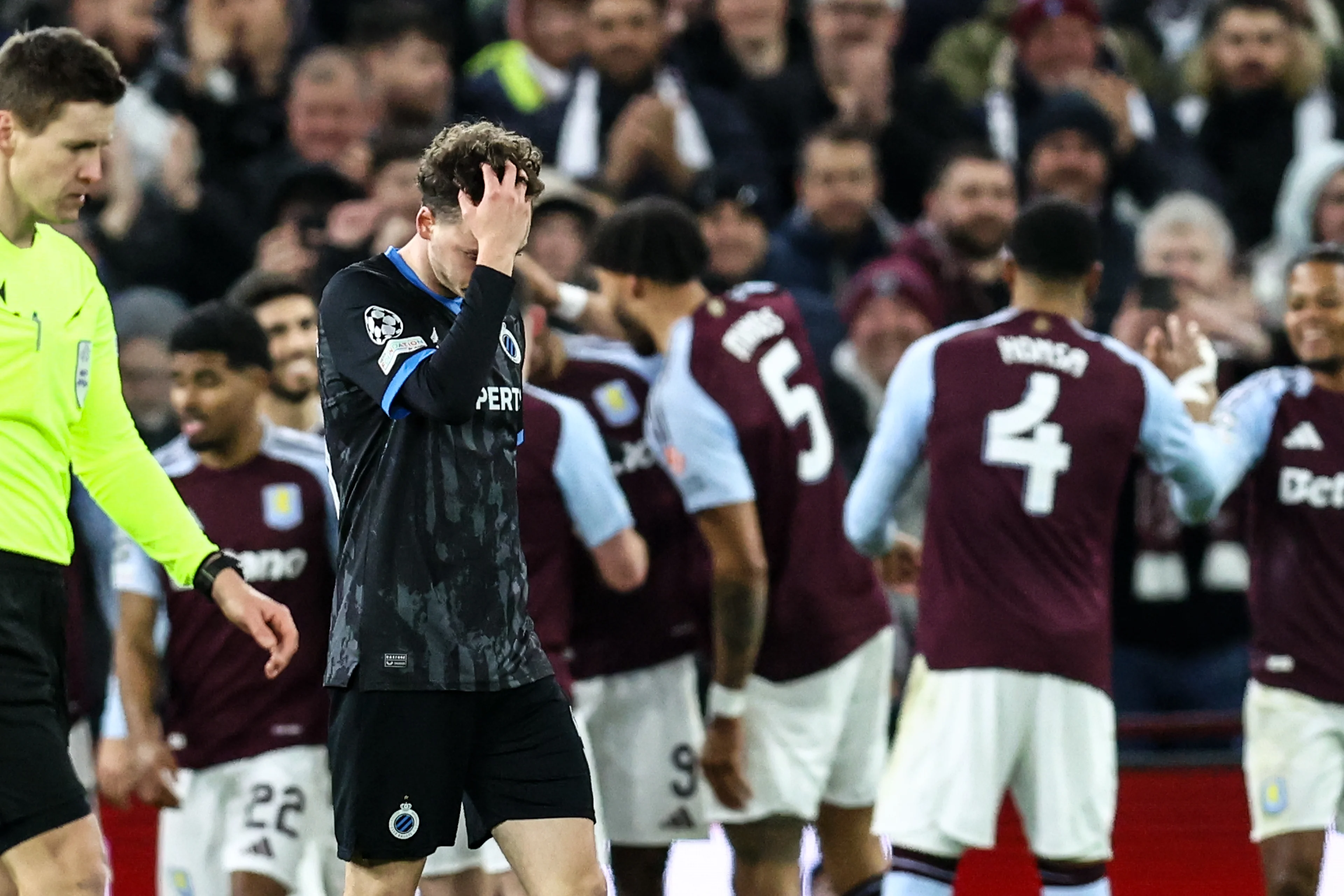 Club's Maxim De Cuyper looks dejected during a game between English club Aston Villa and Belgian soccer Club Brugge KV, Wednesday 12 March 2025 in Birmingham, United Kingdom, the second leg of the 1/8 finals of the UEFA Champions League knockout phase. BELGA PHOTO BRUNO FAHY BELGA PHOTO BRUNO FAHY