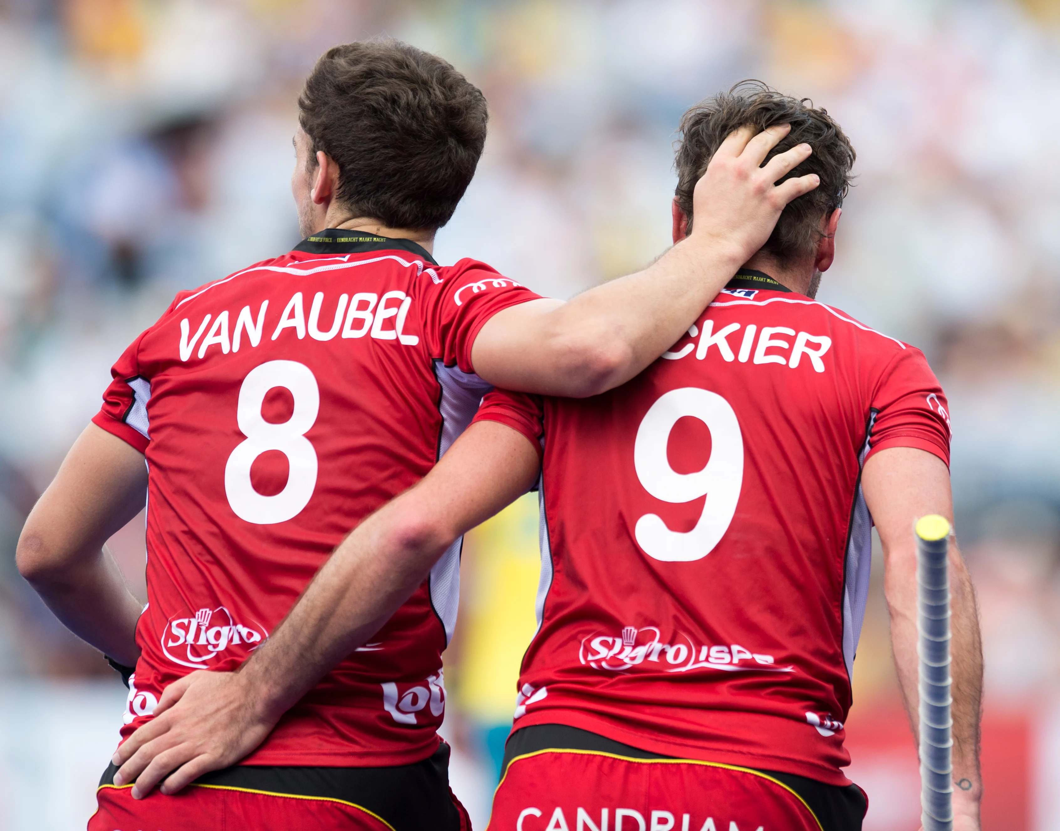 Belgium's Sebastien Dockier celebrates with Florent van Aubel after scoring a goal during a Pro League hockey game between Australia and Belgian Red Lions in Parkville, Australia, Sunday 03 February 2019. BELGA PHOTO THEO KARANIKOS