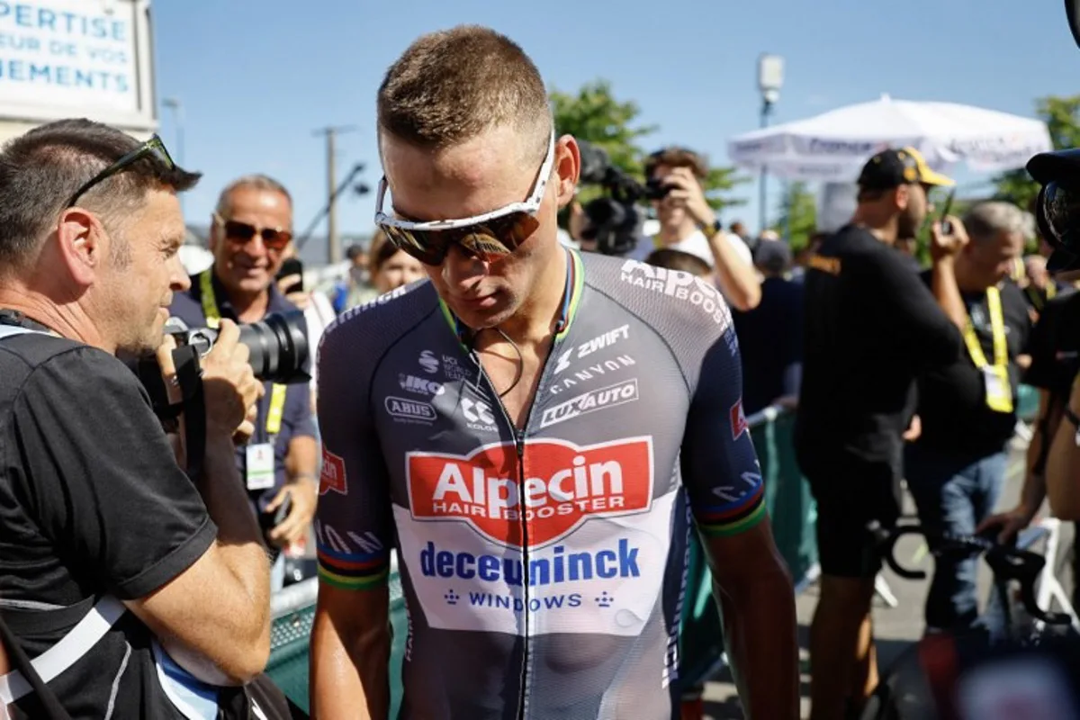 Alpecin - Deceuninck team's Dutch rider Mathieu van der Poel looks on after the 6th stage of the 112th edition of the Tour de France cycling race, 201.5 km between Bayeux and Vire Normandie, Northwestern France, on July 10, 2025. MARTIN DIVISEK / POOL / AFP