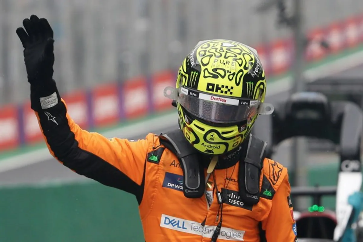 McLaren's British driver Lando Norris celebrates taking pole position in the qualifying session for the Formula One Sao Paulo Grand Prix, at the Jose Carlos Pace racetrack, aka Interlagos, in Sao Paulo, Brazil, on November 3, 2024.  Miguel Schincariol / AFP