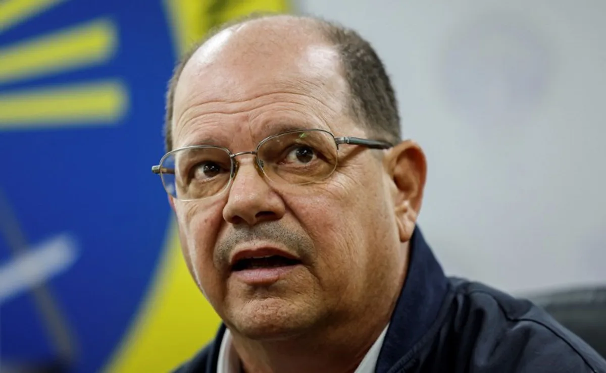 The president of the Panamanian Football Federation, Manuel Arias, speaks during a press conference at the Public Ministry in Panama City on September 3, 2024. Three football players were arrested this Tuesday in Panama for the alleged manipulation of matches in the Panamanian Football League (LPF), the highest competition of this sport in the Central American country, reported the Prosecutor's Office. Martin BERNETTI / AFP