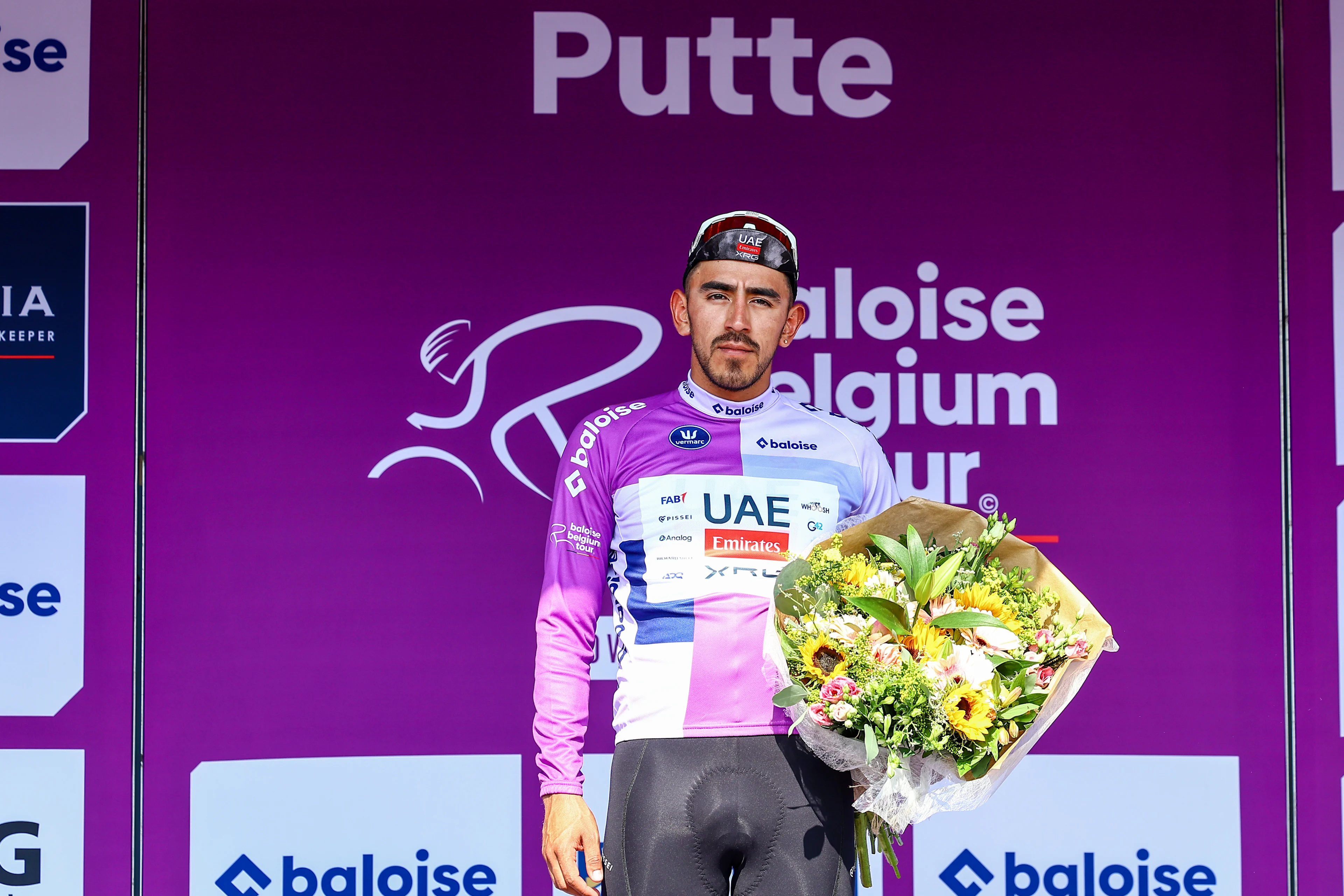 Colombian Juan Sebastian Molano of UAE Team Emirates pictured on the podium after the second stage of the Baloise Belgium Tour cycling race, 194,6 km from Beringen to Putte, Wednesday 18 June 2025. The Baloise Belgium Tour takes place from 18 to 22 June. BELGA PHOTO DAVID PINTENS