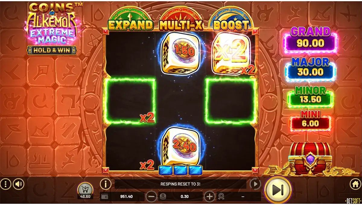 Screenshot of Coins of Alkemor – Extreme Magic slot (Betsoft) showing the Respin feature triggered during gameplay