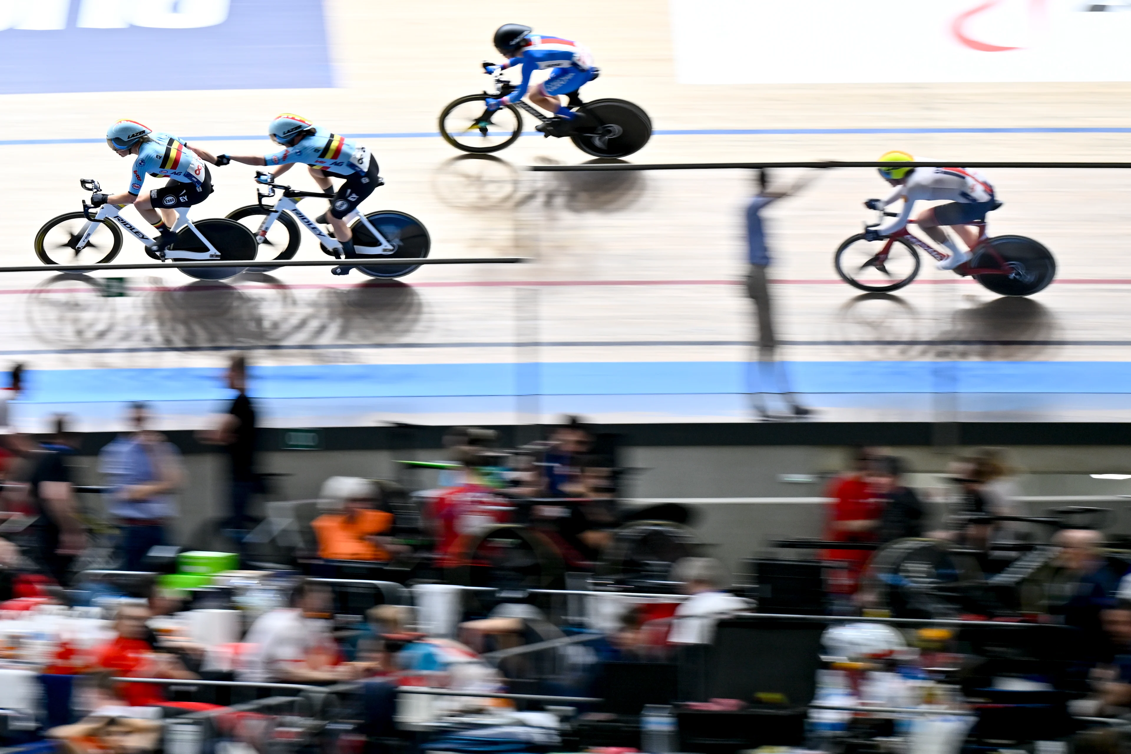 Belgian Katrijn De Clercq and Belgian Helene Hesters pictured in action during the women's Madison final at the 2025 UEC Track Elite European Championships, in Heusden-Zolder, Belgium, Sunday 16 February 2025. The European Championships take place from 12 to 16 February. BELGA PHOTO DIRK WAEM