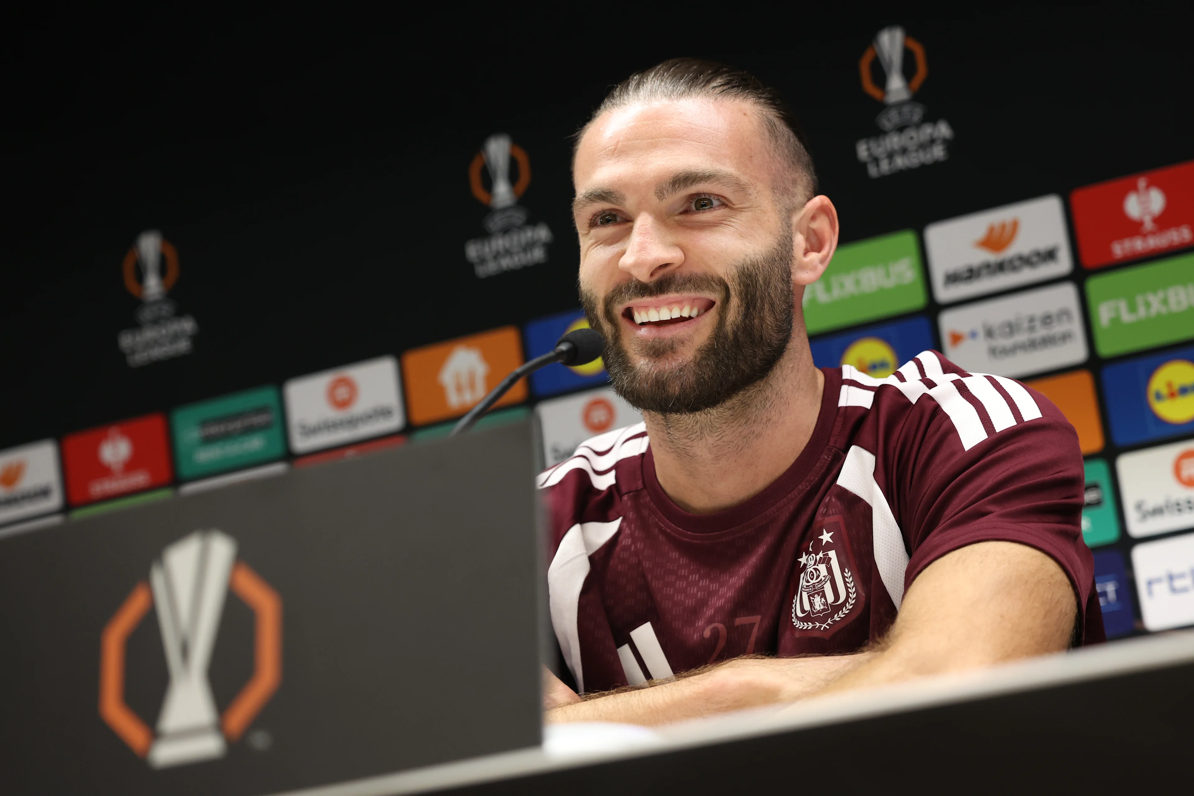 Anderlecht's Leo Petrot and +pictured during a press conference of Belgian soccer team RSC Anderlecht ahead of the game against French club Olympique Lyonnais, Tuesday 15 September 2026 in Brussels, for the first day (out of 8) of the league phase of the UEFA Europa League phase. BELGA PHOTO VIRGINIE LEFOUR