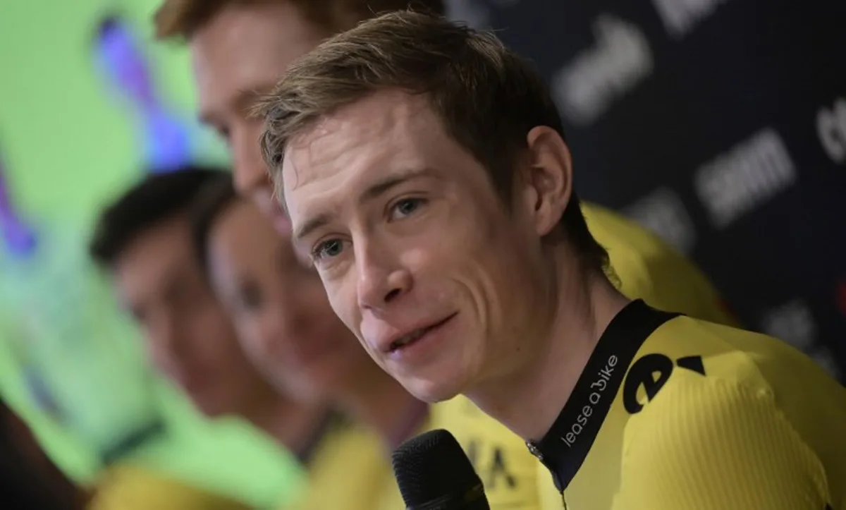 Team Visma-Lease a Bike's Danish cyclist Jonas Vingegaard speaks during the presentation of their team for 2025 at a hotel in La Nucia, near Alicante, eastern Spain on January 14, 2025.  JOSE JORDAN / STR / AFP