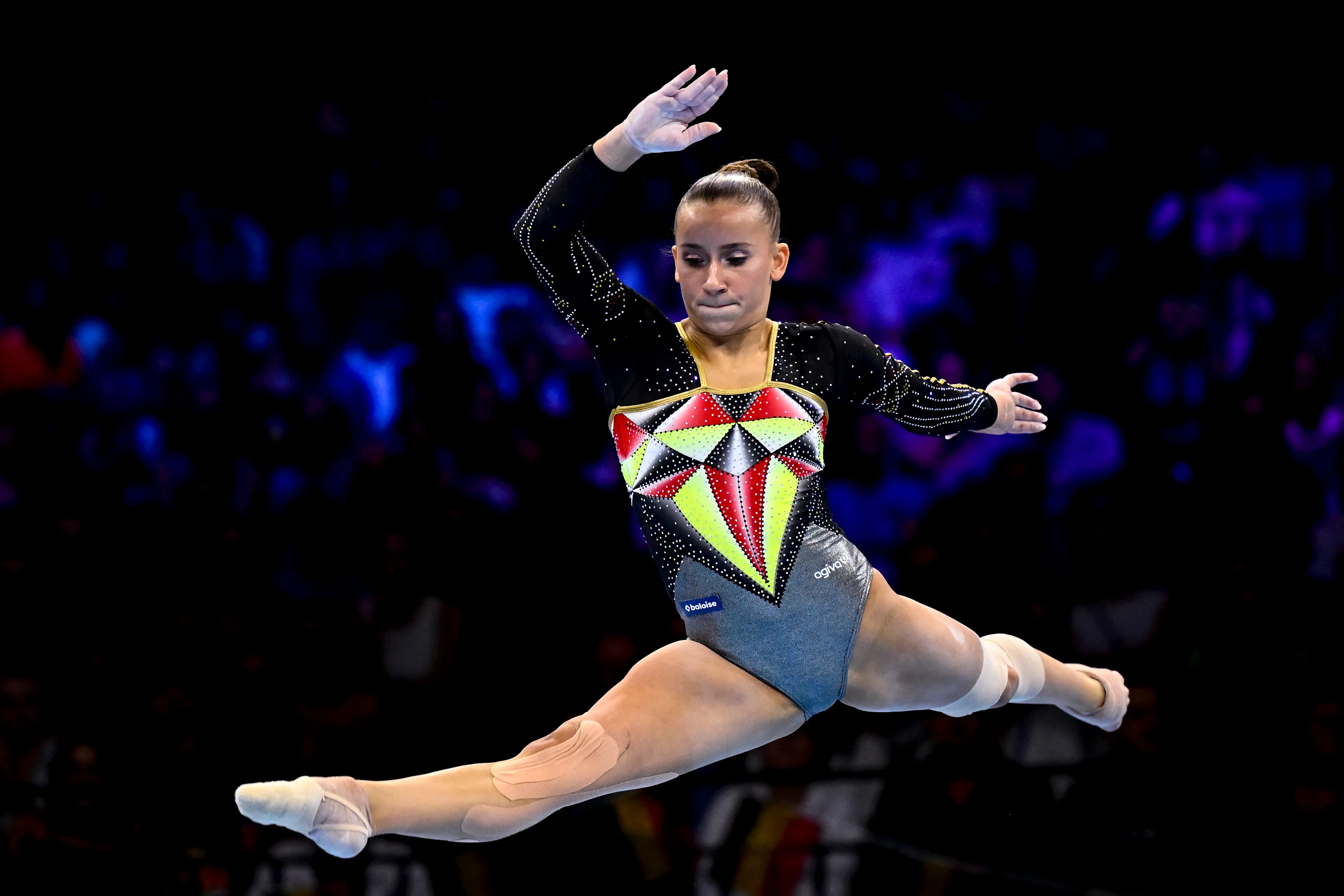 Belgian Margaux Dandois pictured in action at the floor during the women's qualifications at the Artistic Gymnastics World Championships, in Antwerp, Monday 02 October 2023. The Worlds take place in Antwerp from 30 September to 08 October. BELGA PHOTO DIRK WAEM