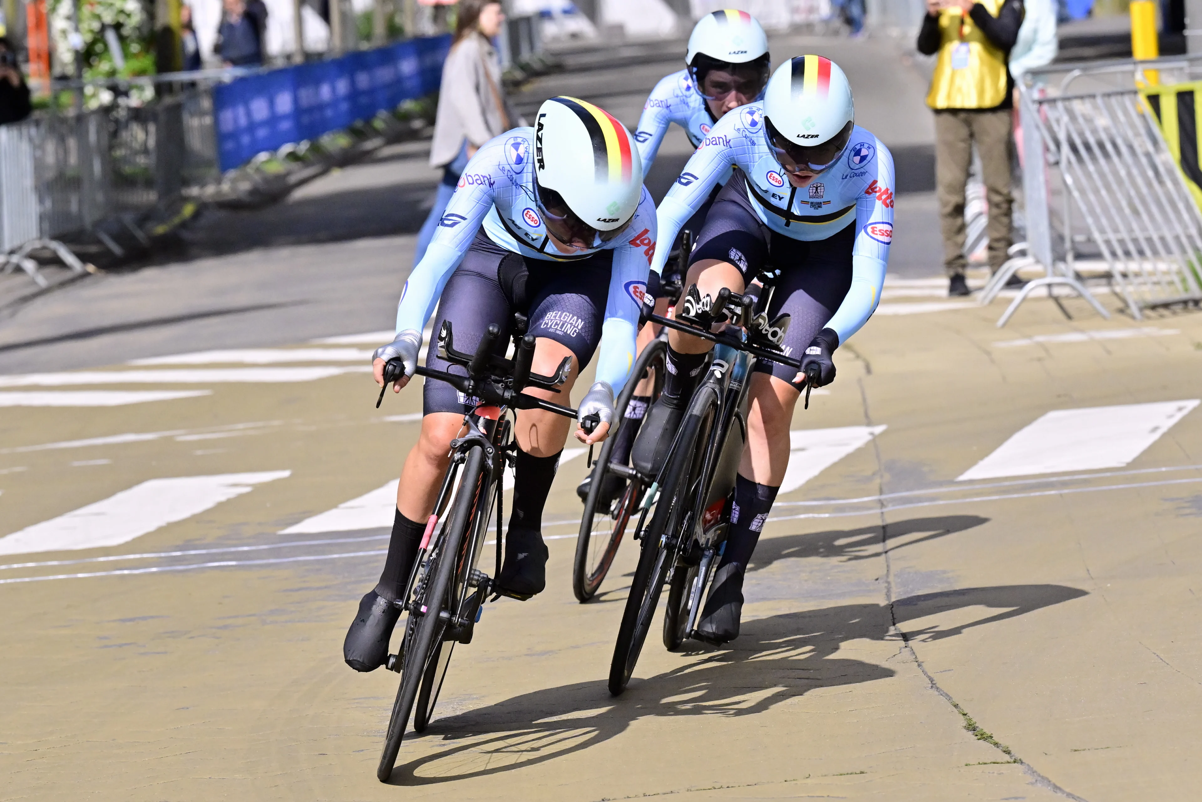 Belgium Female Team Ilken Seynave, Luca Vierstraete and Julie Vlyminck pictured in action during the time trial mixed relay juniors at the European Championship 2024, in Hasselt, Thursday 12 September 2024. The UEC Road European Championships 2024 will take place from 11 to 15 september in Limburg, Belgium. BELGA PHOTO DIRK WAEM