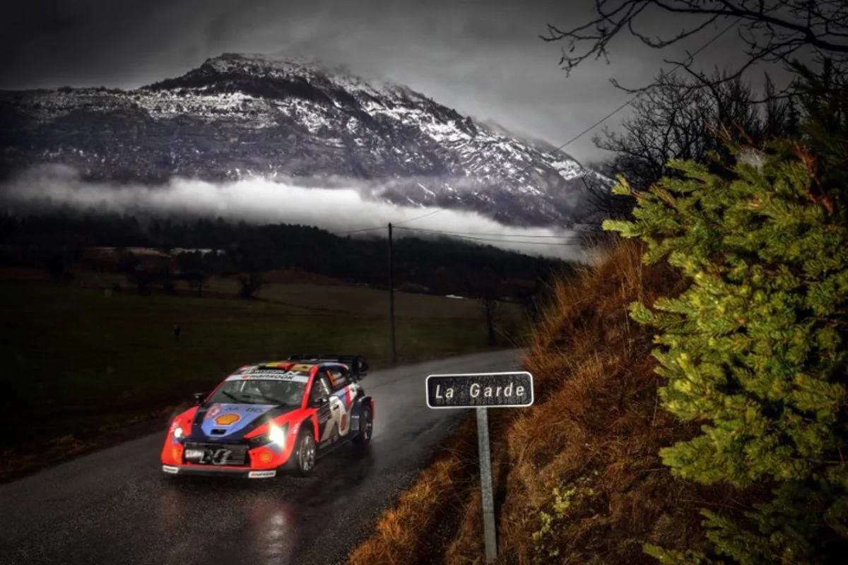 Hyundai Shell Mobis World Rally Team's Belgian driver Thierry Neuville and Belgian co-pilot Martijn Wydaeghe steer their Hyundai i20 N Rally1 during the shakedown on of the 93nd WRC Monte-Carlo Rally, near Gap on January 22, 2025.  OLIVIER CHASSIGNOLE / AFP