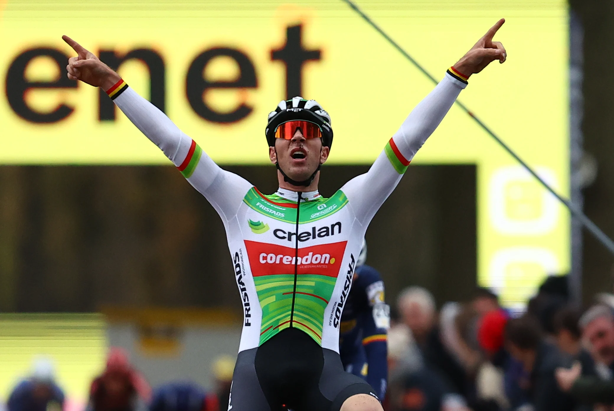 Belgian Laurens Sweeck celebrates as he crosses the finish line to win the men's race of the Superprestige Merksplas cyclocross event, fourth stage (4/8) of the Superprestige cyclocross cycling competition, Saturday 16 November 2024, in Merksplas. BELGA PHOTO DAVID PINTENS