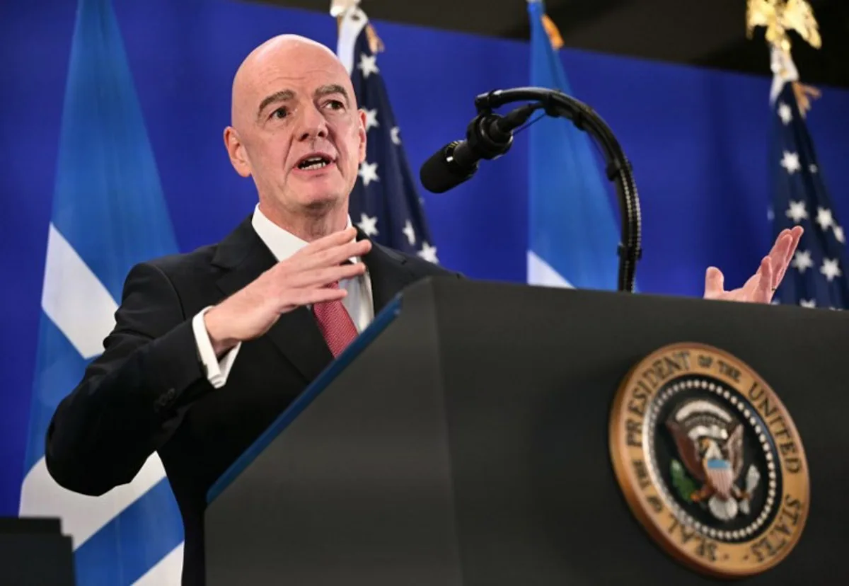 FIFA President Gianni Infantino speaks during a FIFA reception at Trump Tower in New York on July 17, 2026. President Trump will attend the 2026 World Cup Final between Spain and Argentina. Mandel NGAN / AFP