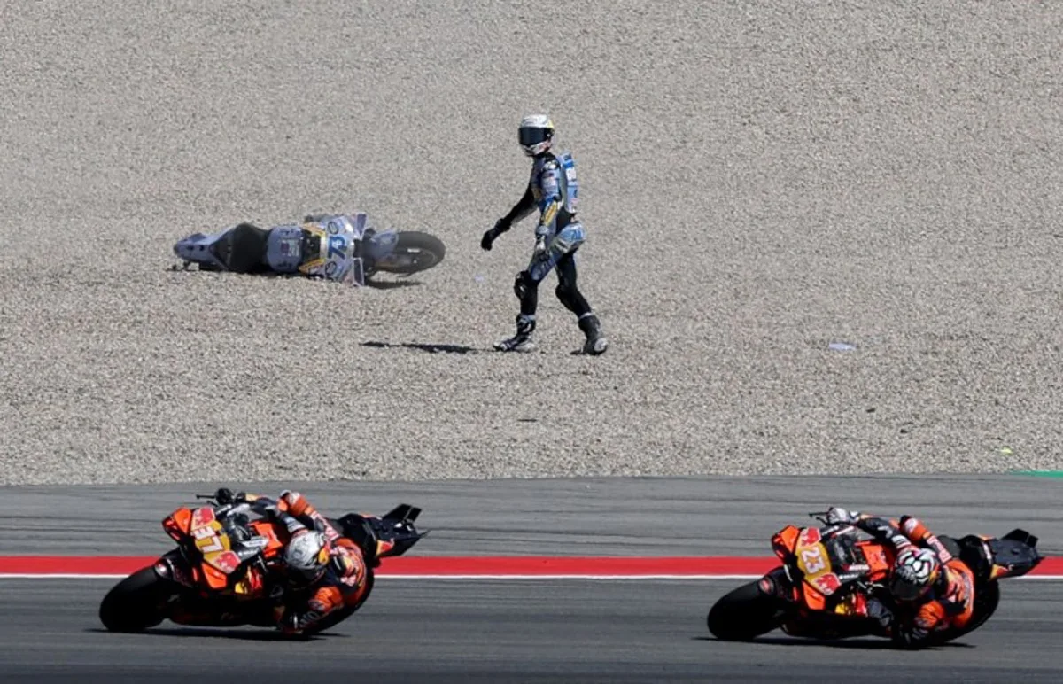 BK8 Gresini Racing MotoGP team's Spanish MotoGP rider Alex Marquez is pictured after falling during the MotoGP Sprint Race of the Moto Grand Prix of Catalonia at the Circuit de Catalunya on September 6, 2024 in Montmelo on the outskirts of Barcelona. Lluis GENE / AFP