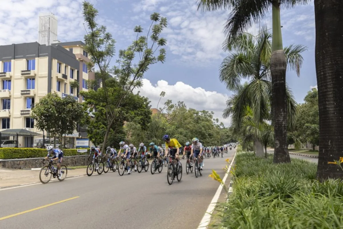 The pack rides during the last stage of the 16th Tour du Rwanda in Kigali on February 25, 2024.  Guillem Sartorio / AFP