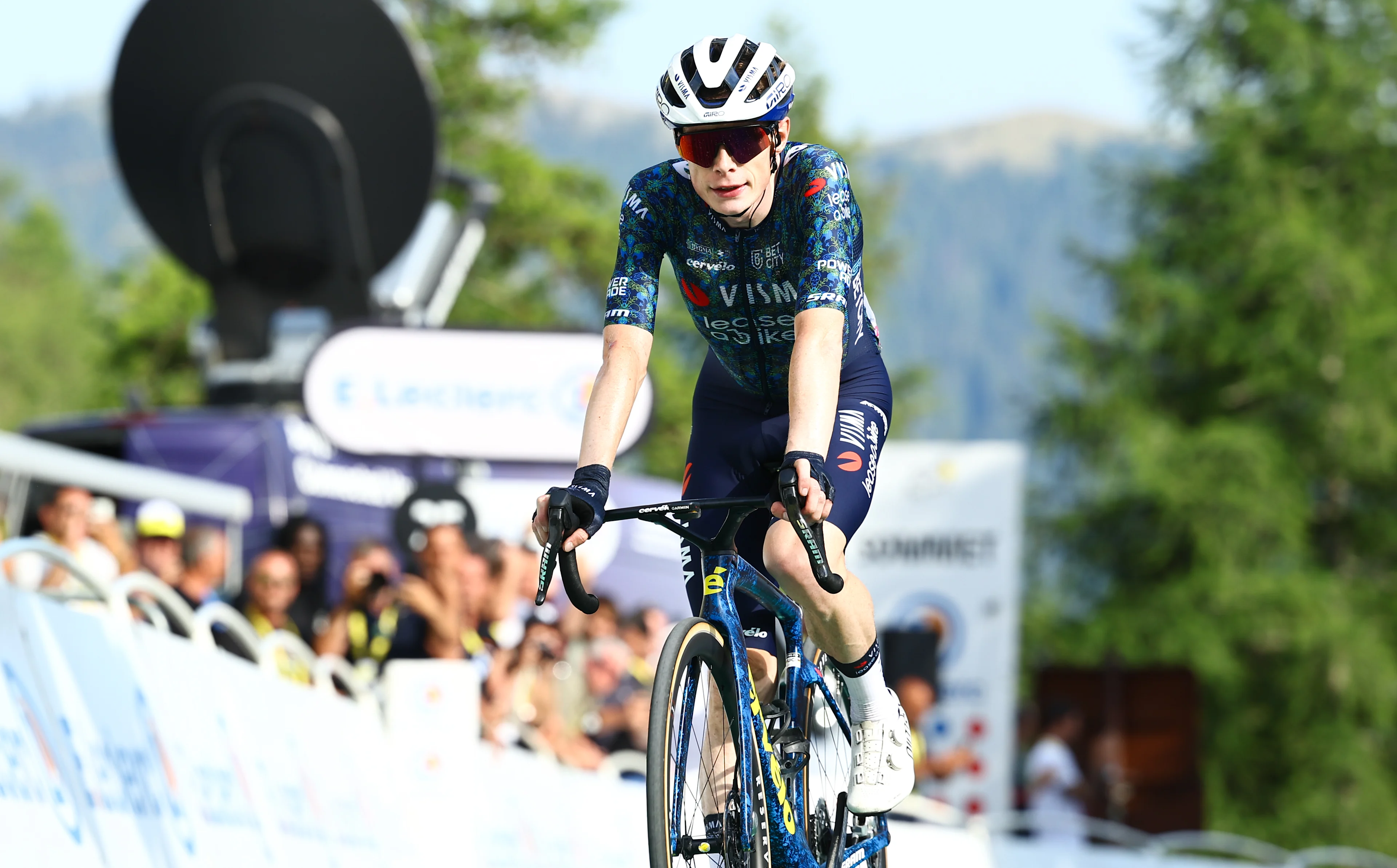 Danish Jonas Vingegaard of Team Visma-Lease a Bike crosses the finish line of stage 20 of the 2024 Tour de France cycling race, from Nice to Col de la Couillole (132,8 km), in France, on Saturday 20 July 2024. The 111th edition of the Tour de France starts on Saturday 29 June and will finish in Nice, France on 21 July. BELGA PHOTO DAVID PINTENS