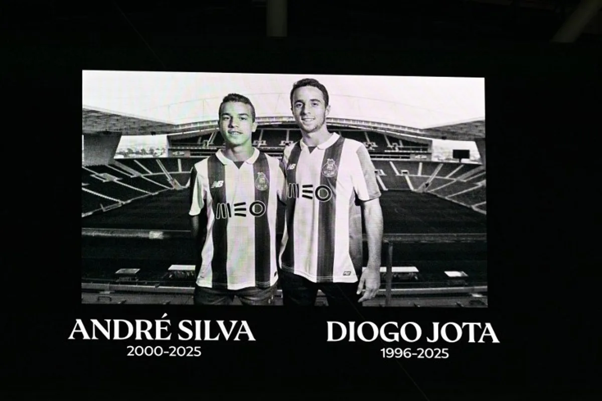 A tribute to the late Liverpool player Diogo Jota and his brother Andre Silva is shown before their friendly exhibition football match against AC Milan at the Kai Tak Stadium in Hong Kong on July 26, 2025. Peter PARKS / AFP