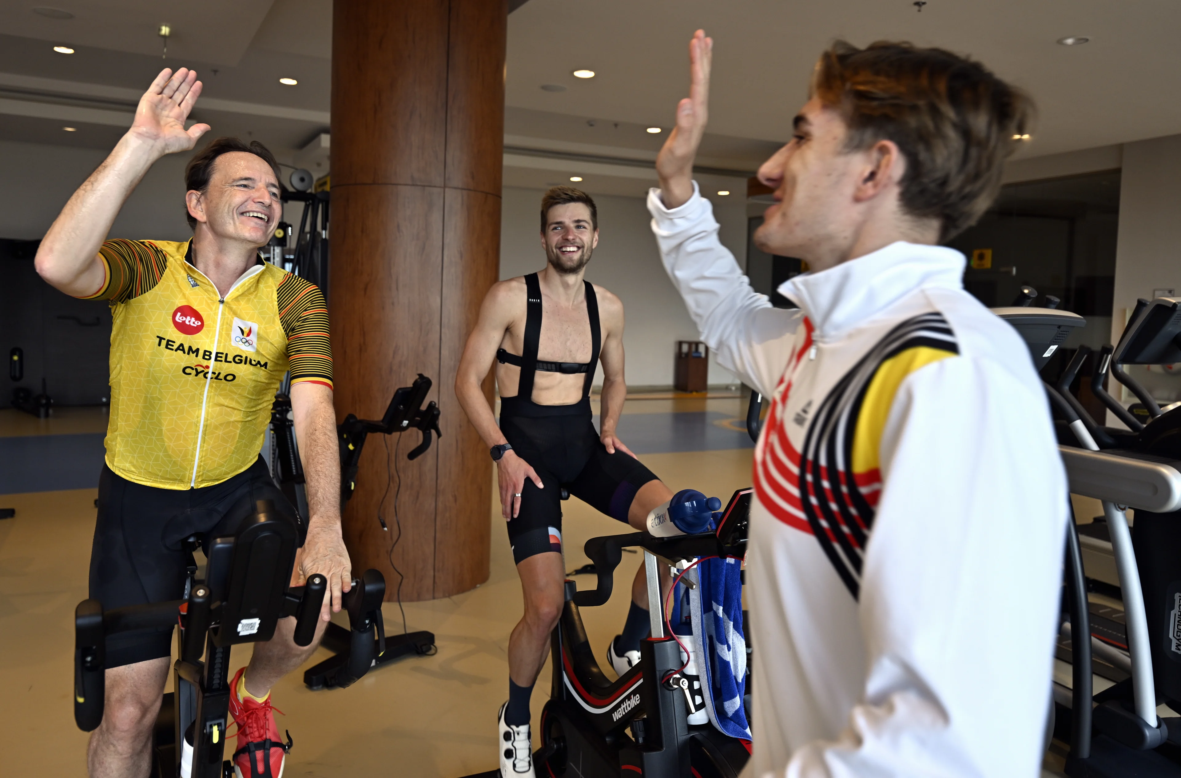 BOIC-COIB's president Jean-Michel Saive, Belgian Arnaud Mengal and Belgian athlete Lucas Henveaux pictured during a training camp organized by the BOIC-COIB Belgian Olympic Committee in Belek, Turkey, Sunday 17 November 2024. The camp takes place from 11 to 25 November. BELGA PHOTO ERIC LALMAND