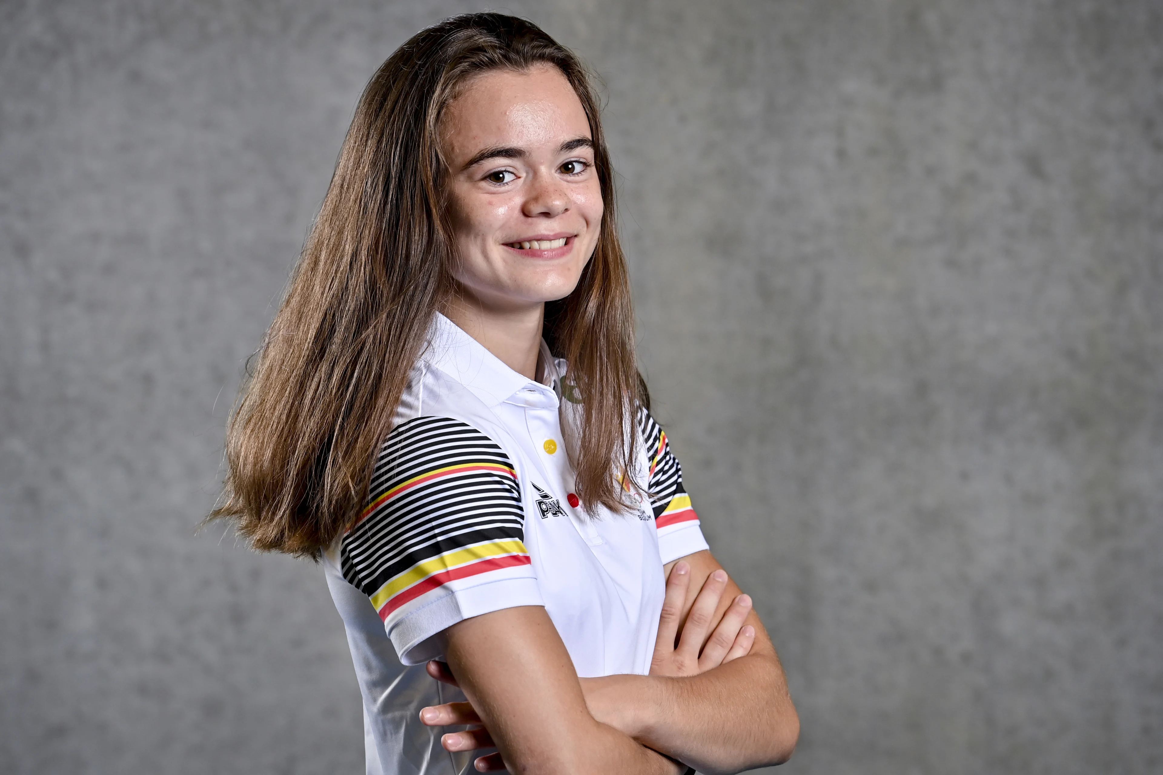 Victoria Sibille poses during a team building exercise for the athletes competing in the 2022 Summer European Youth Olympic Festival (EYOF), Wednesday 20 July 2022 in Louvain-la-Neuve. The 2022 EYOF will take place in Banska Bystrica, Slovakia, from 24 to 30 July. BELGA PHOTO DIRK WAEM