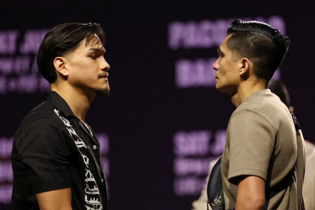 US boxers Brandon Figueroa (L) and Joet Gonzalez (R) face off during the press conference ahead of their July 19 WBC featherweight title fight at the NOVO at L.A. Live in Los Angeles on June 3, 2025.  Patrick T. Fallon / AFP