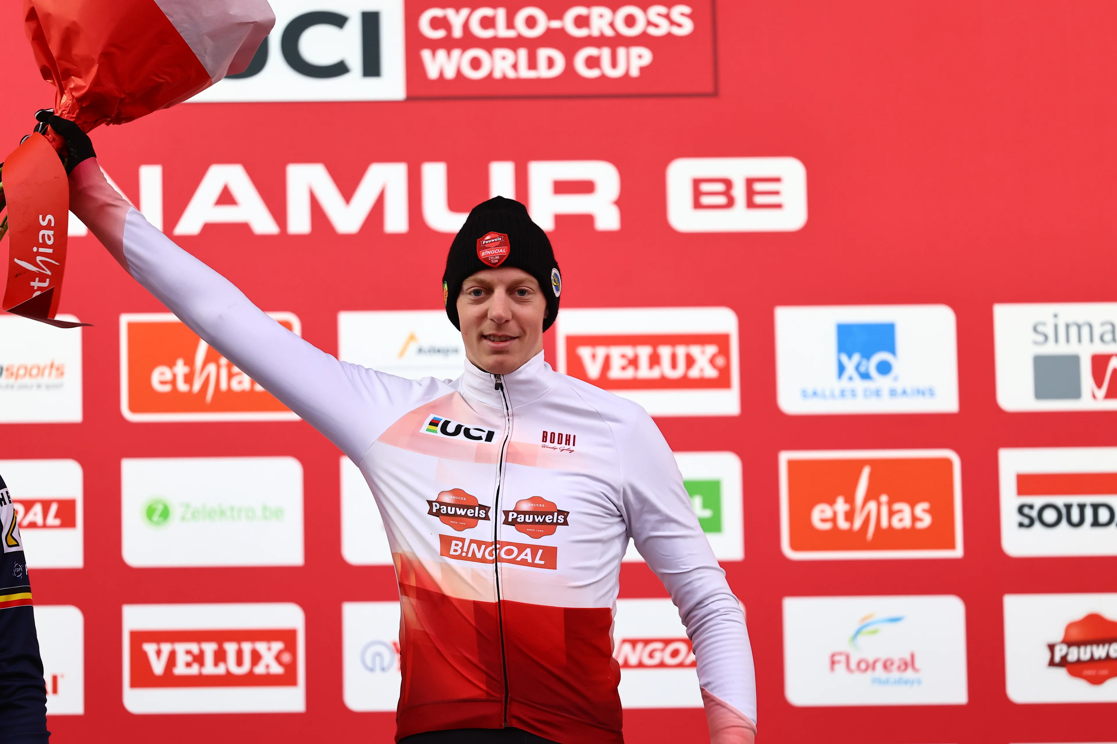 Belgian Michael Vanthourenhout pictured on the podium after the men's elite race at the World Cup cyclocross cycling event in Namur, Belgium, stage 4 (out of 12) of the UCI World Cup cyclocross competition, . BELGA PHOTO DAVID PINTENS