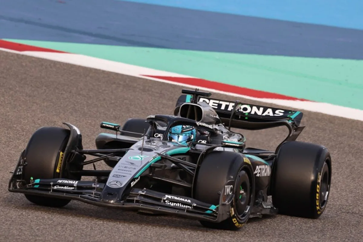 Mercedes' British driver George Russell drives during the third day of the Formula One pre-season testing at the Bahrain International Circuit in Sakhir on February 28, 2025.  FADEL SENNA / AFP