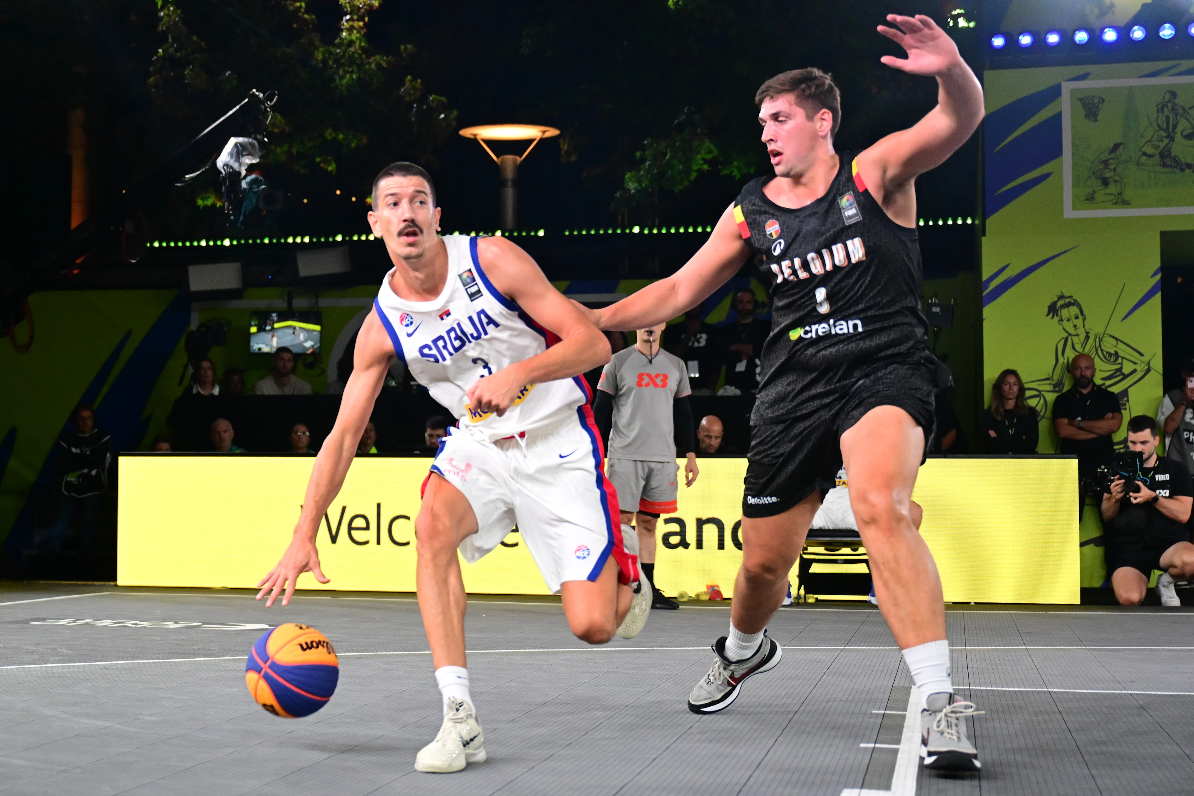 Serbia's Strahinja Stojacic and Belgium's Jonas Foerts pictured in action during a 3x3 basketball game between Belgium and Serbia, a qualifying game in Pool A at the men's FIBA 3x3 Europe Cup, on Saturday 12 September 2026 in Antwerp. BELGA PHOTO DIRK WAEM