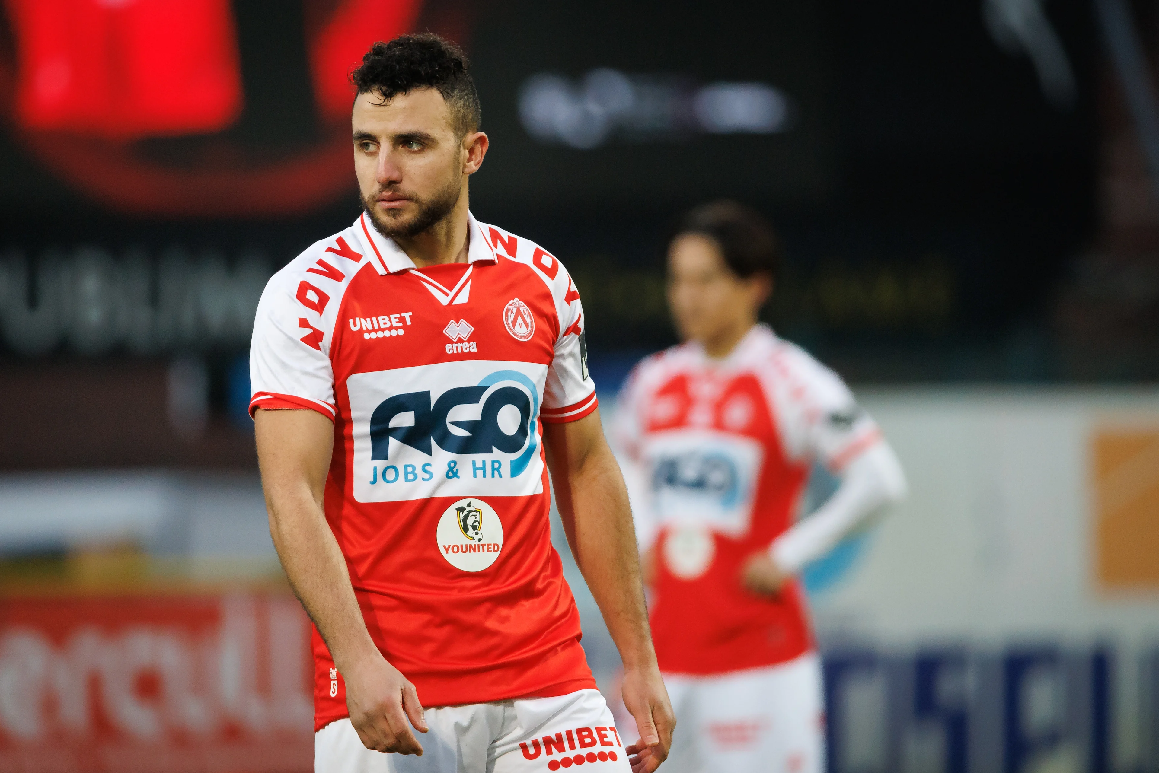 Kortrijk's Billal Billel Messaoudi pictured with the Younited logo a soccer match between KV Kortrijk and Sporting Charleroi, Thursday 26 December 2024 in Kortrijk, on day 20 of the 2024-2025 season of the 'Jupiler Pro League' first division of the Belgian championship. The competition was re-baptised 'Younited Pro League' for the games of matchweek 20, to shine a light on the Younited Belgium charity. BELGA PHOTO KURT DESPLENTER