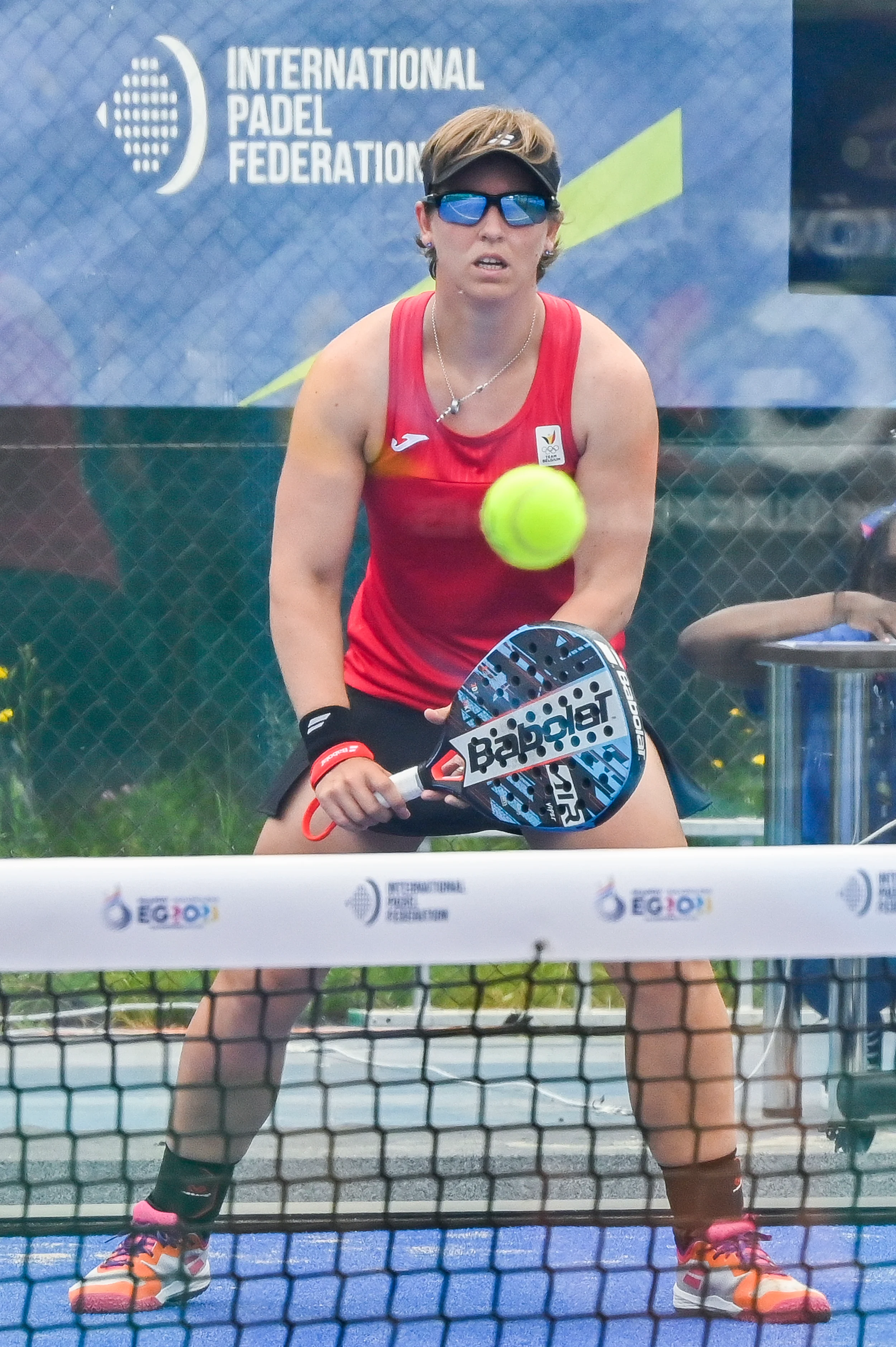 Padel player An-Sophie Mestach pictured in action during a women doubles first round game in the padel competition between Belgian pair Wyckaert-Mestach and German pair Clement-Scholten at the European Games, in Krakow, Poland, Wednesday 21 June 2023. The 3rd European Games, informally known as Krakow-Malopolska 2023, is a scheduled international sporting event that will be held from 21 June to 02 July 2023 in Krakow and Malopolska, Poland. BELGA PHOTO LAURIE DIEFFEMBACQ