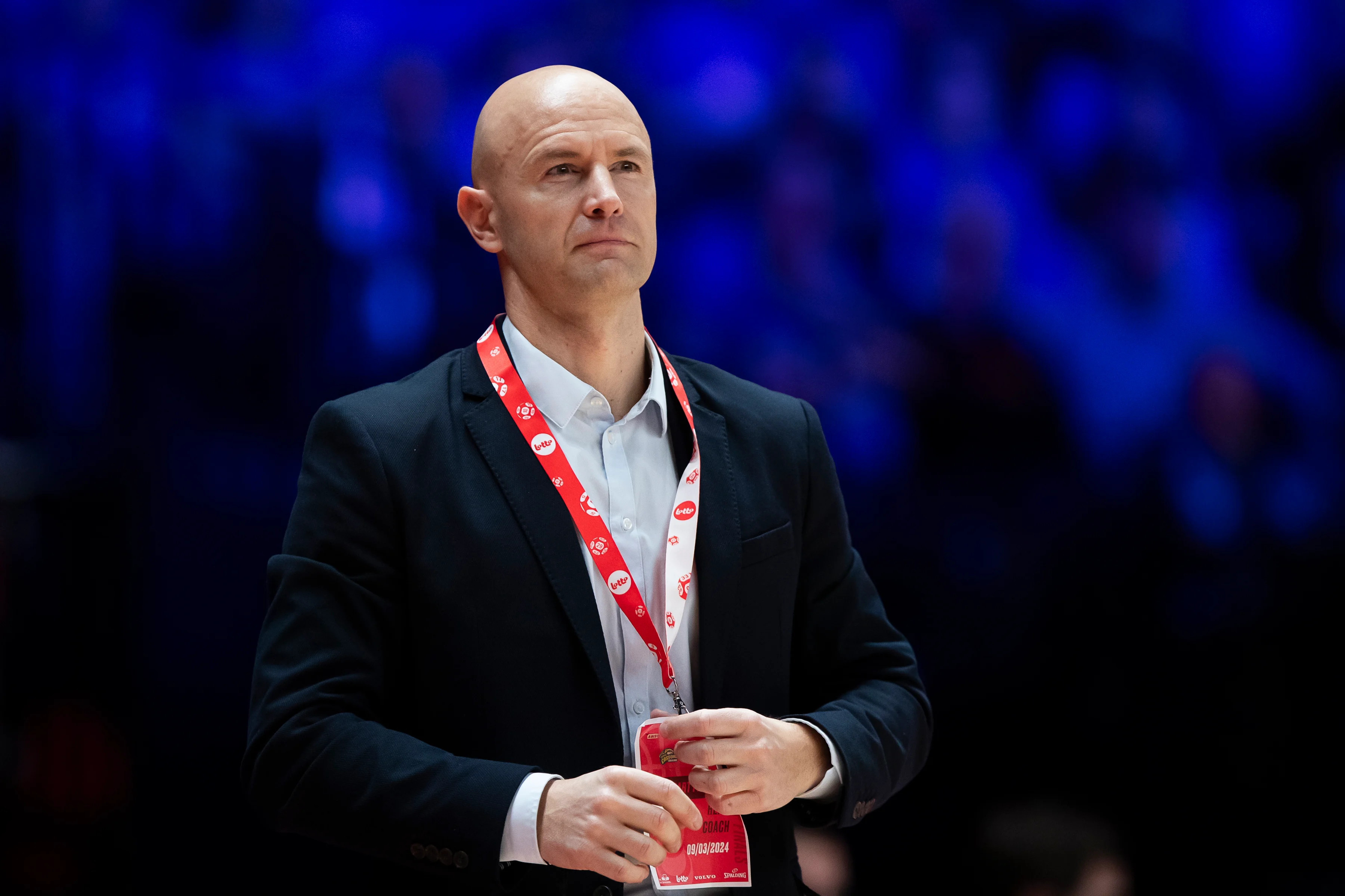 Castors' head coach Frederic Dusart pictured during a basketball match between Kangoeroes Mechelen and Castors Braine, Saturday 09 March 2024 in Brussels, the final of the women's Belgian Basketball Cup. BELGA PHOTO KRISTOF VAN ACCOM