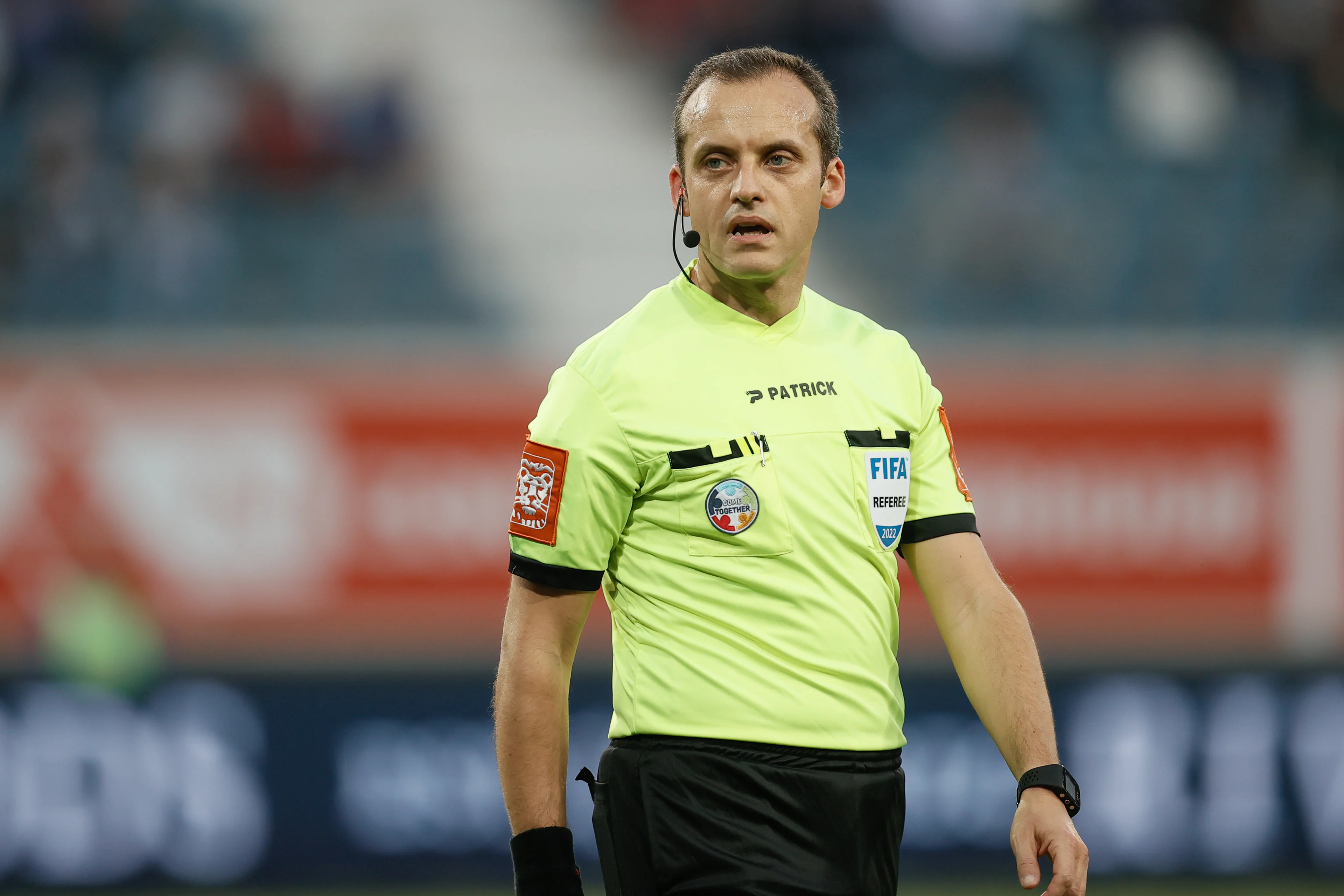 referee Alexandre Boucaut pictured during a soccer match between KAA Gent and KV Mechelen, Saturday 07 May 2022 in Gent, on day 3 (of 6) of the 'Europe' play-offs of the 'Jupiler Pro League' first division of the Belgian championship. BELGA PHOTO BRUNO FAHY